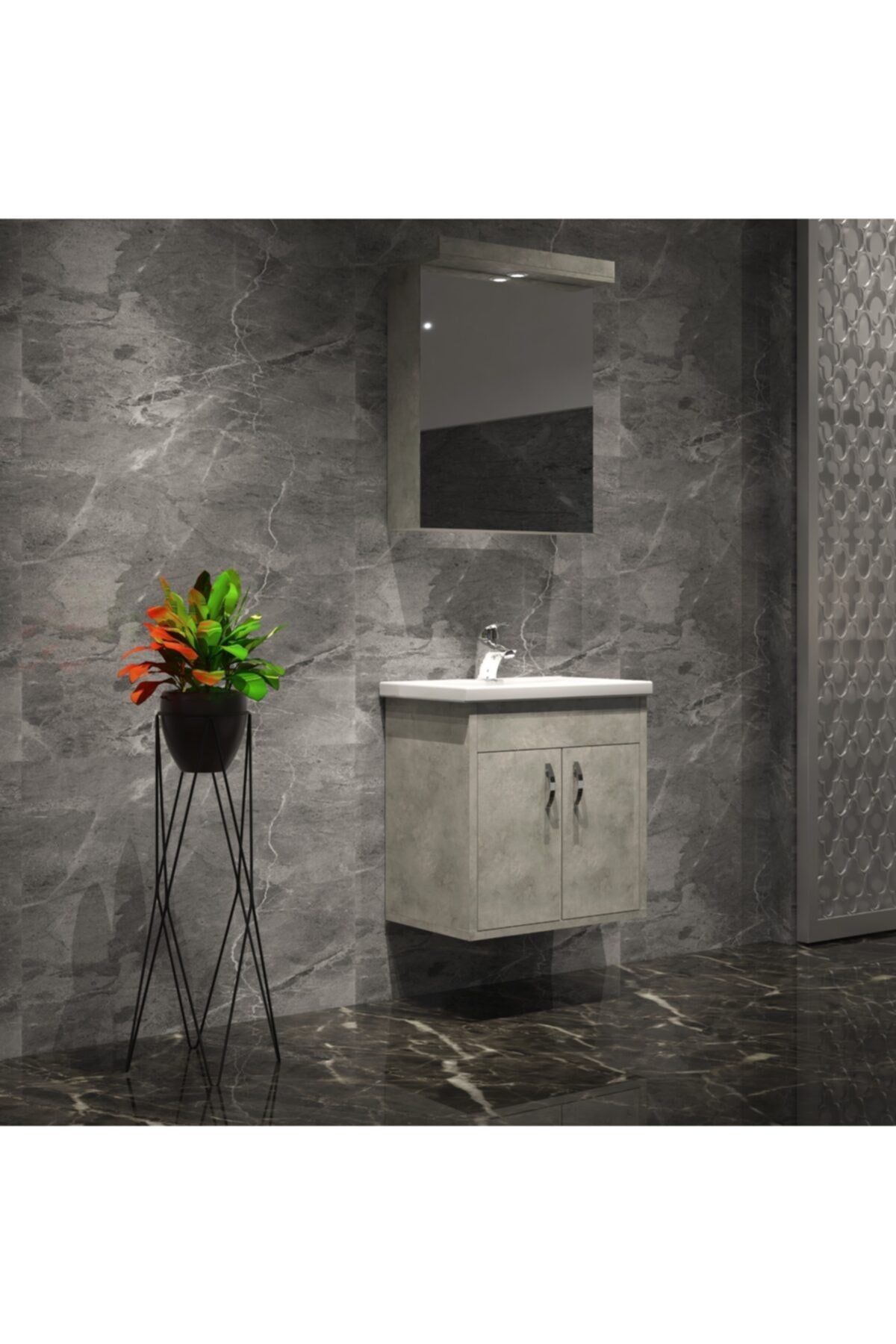 ÖZCEDEN Çiğdem Banyo Dolabı Takımı 55 Cm Komple Retro Taş Renkli