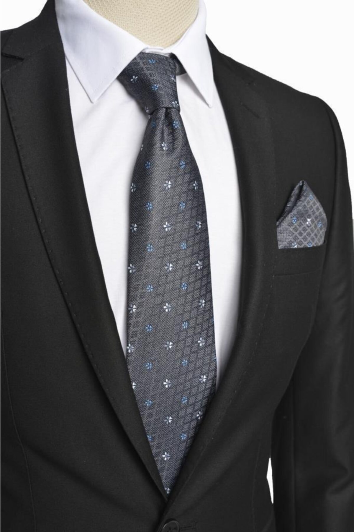 Brianze Çiçek Desen Italyan Stil Lacivert Mendilli Kravat
