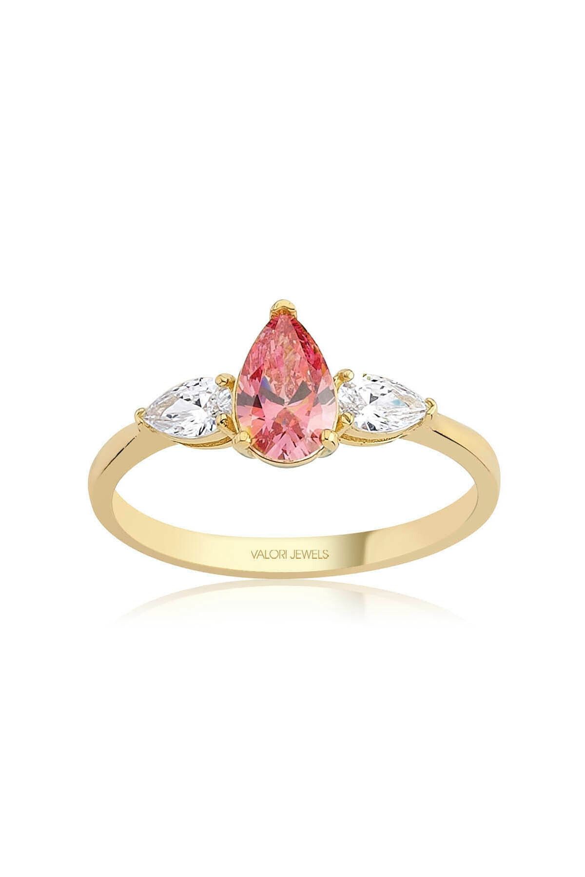 Valori Jewels 1.15 Karat Swarovski Zirkon Pembe ve Beyaz Taşlı Altın Rengi Gümüş Tektaş Yüzük