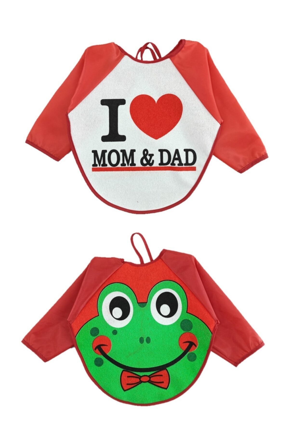 Malkoç 2 Adet Su Geçirmez Mom Dad Kurbağa Desen Bebek Mama Önlüğü 6-24 Ay