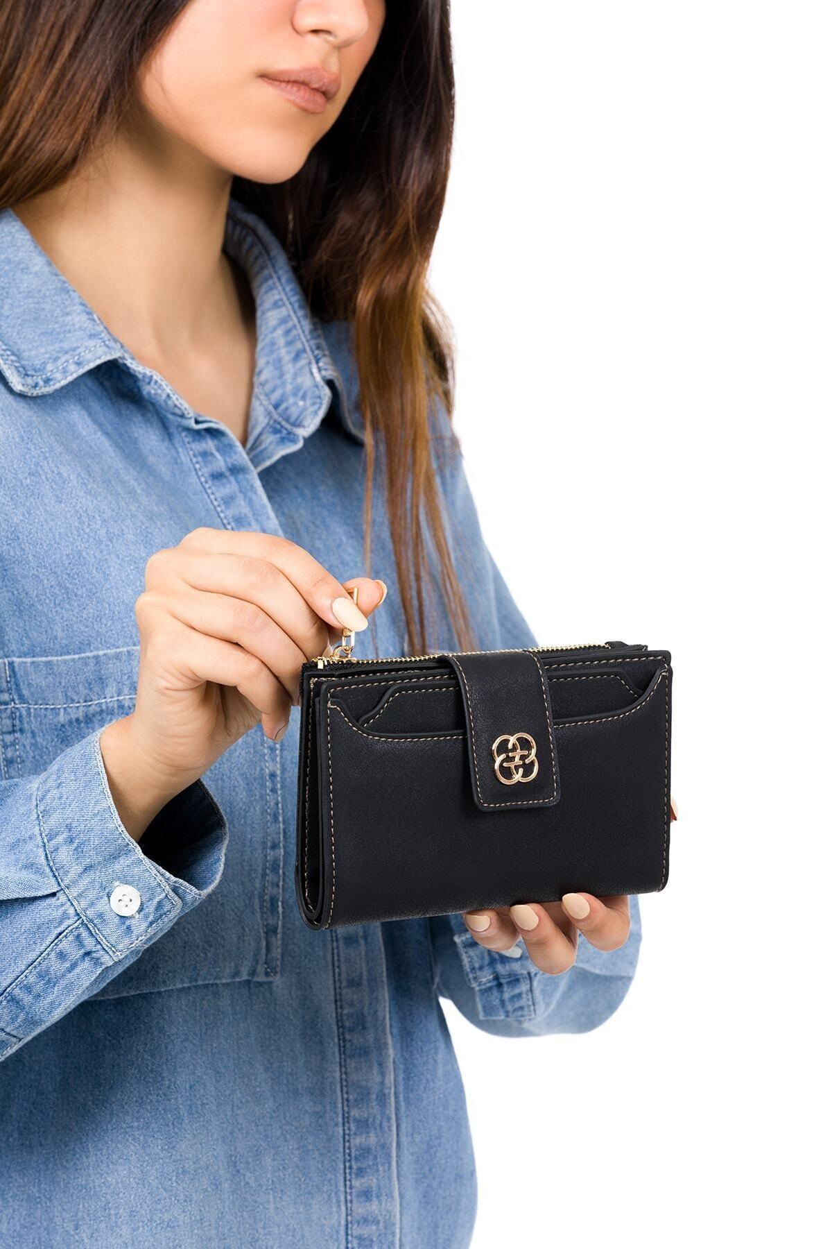 BAGzy Kadın Siyah Kartlıklı Patlı Mini Cüzdan