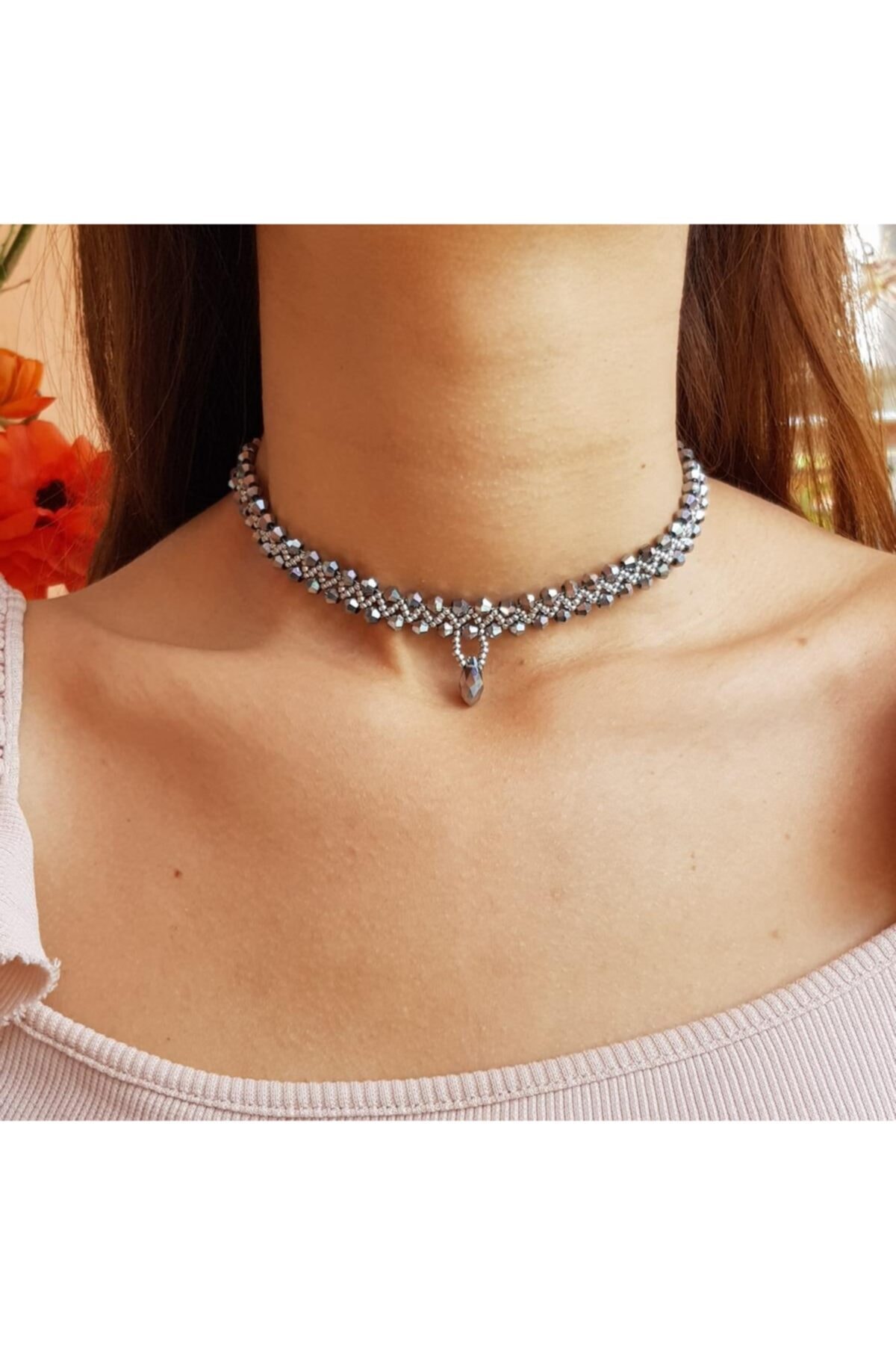 Handmade By HLY El Yapımı Kristal Taş Detaylı Choker Kolye