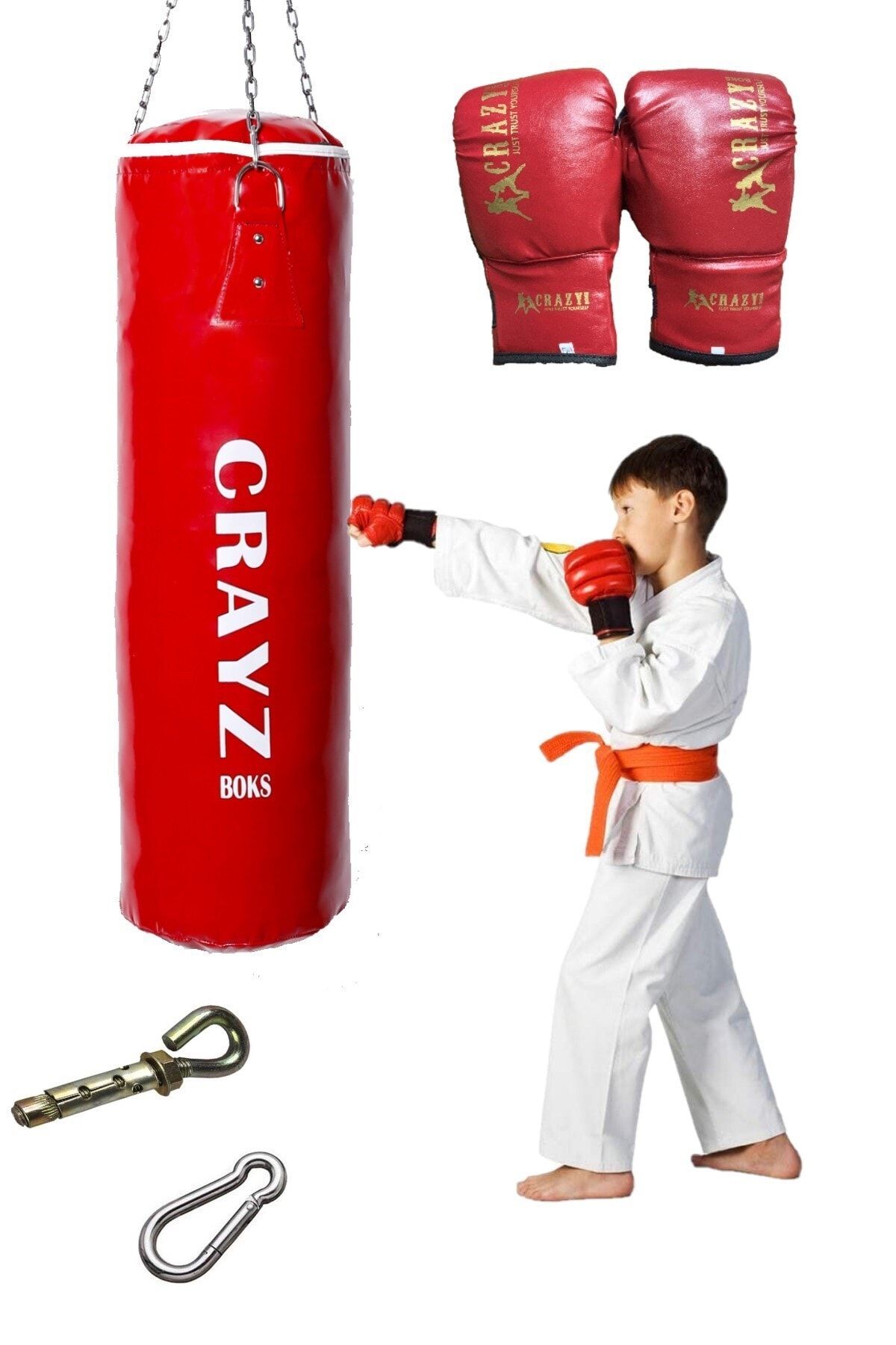 CRAYZ Çocuk Dolu Boks Kum Torbası + Çocuk Boks Eldiveni Set + Askı Aparatı 70x25 cm