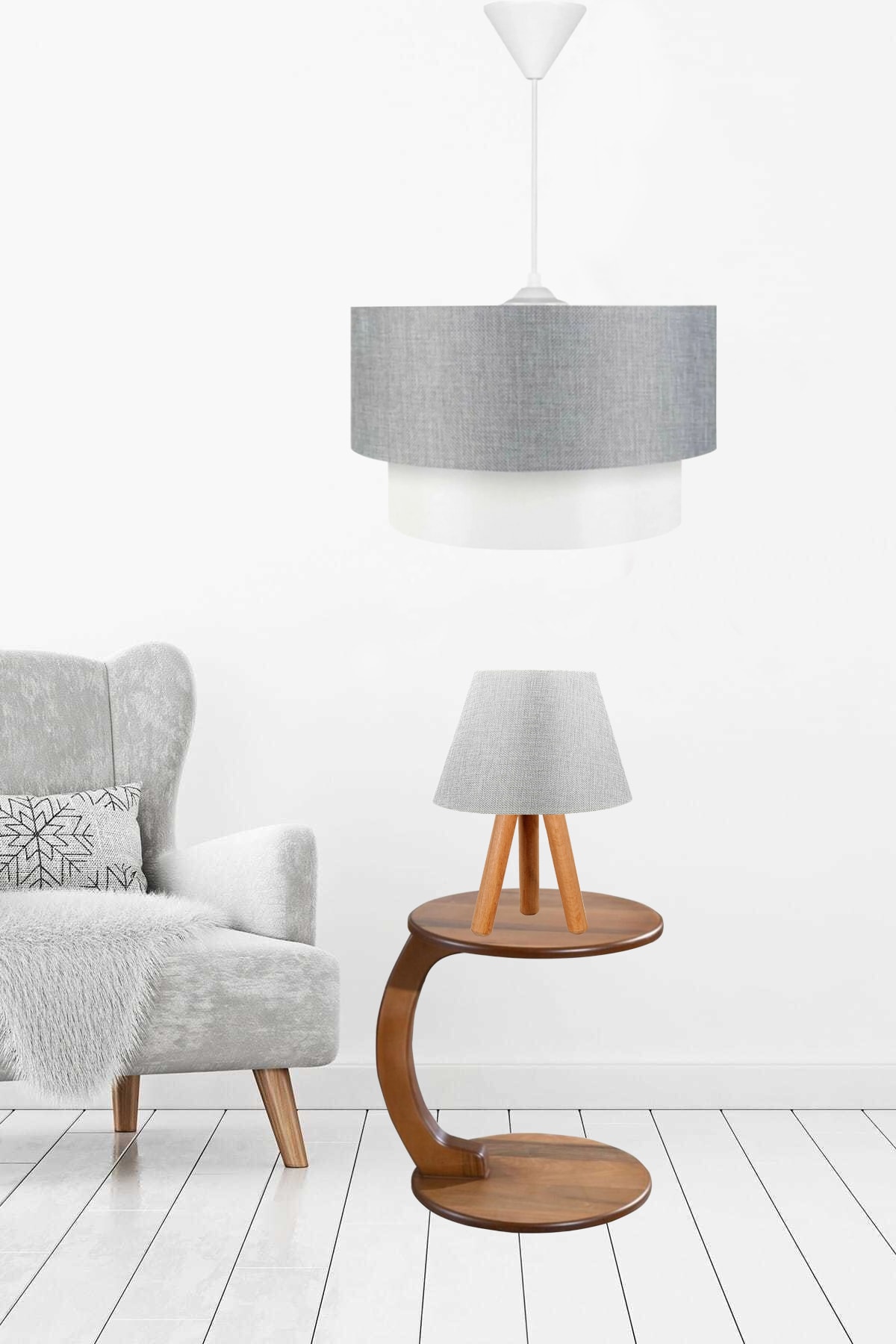 EvLight 2'li Salon Avize Komodin Abajur Seti Gri