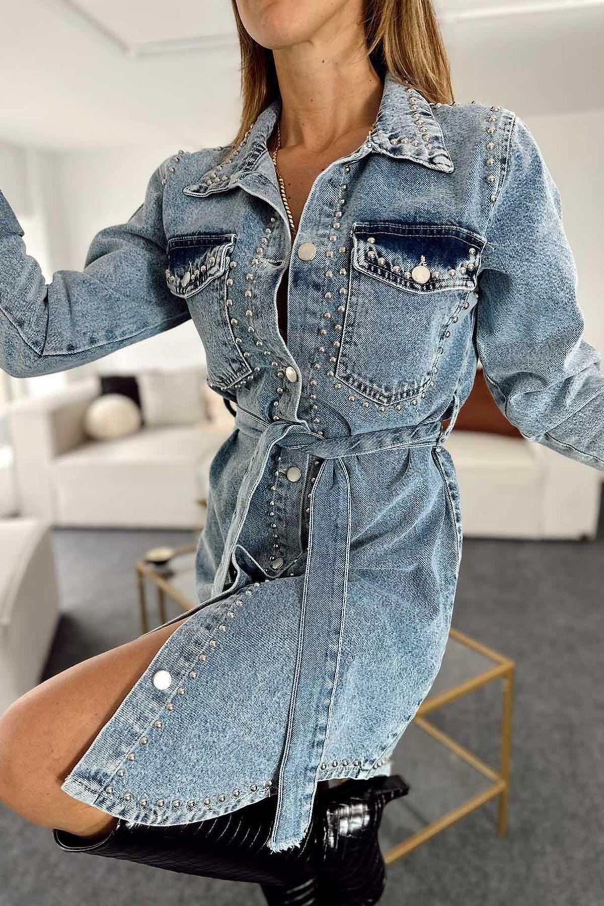 SAG JEANS Women s Studded Detailed Full Button Front Denim Dress