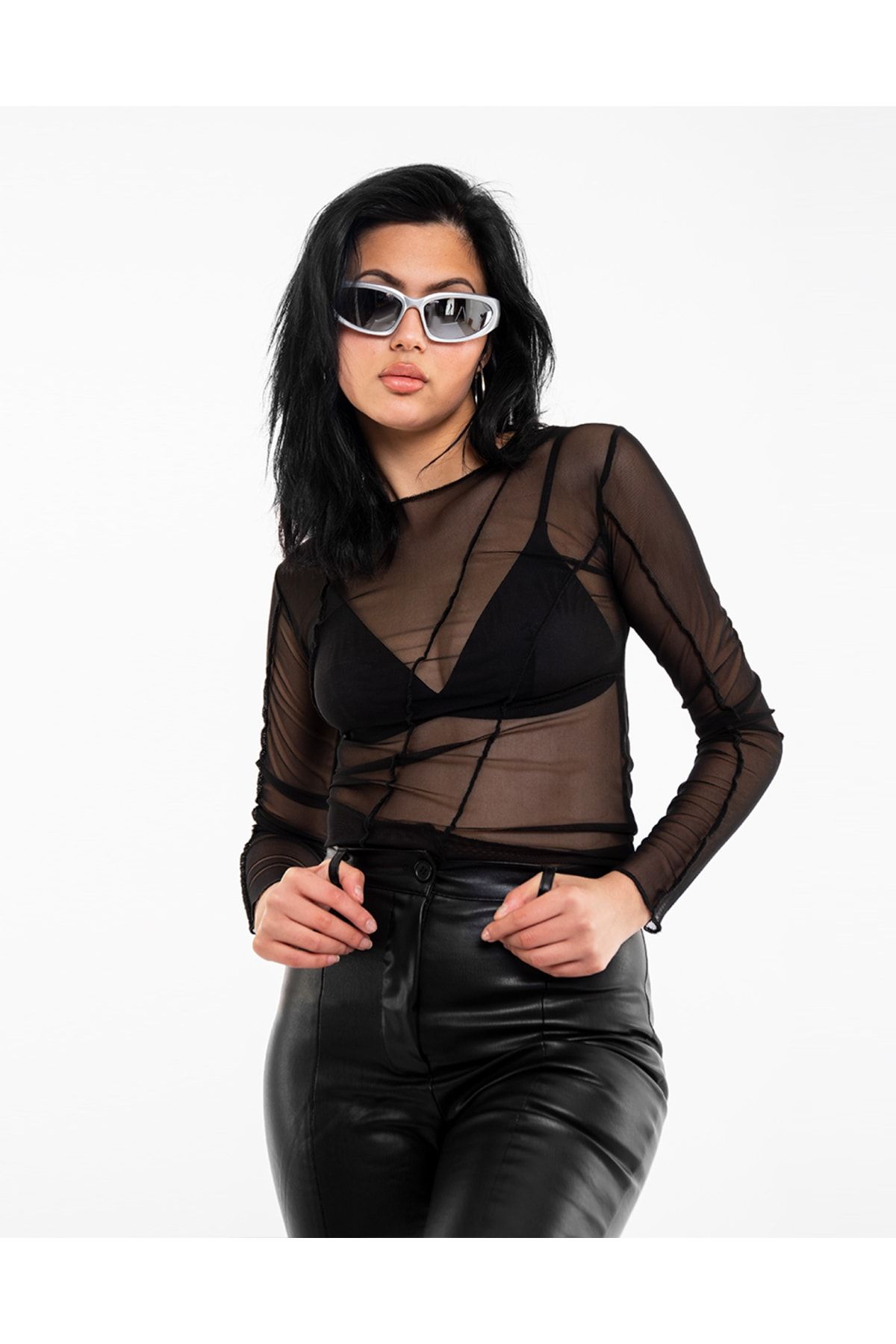 Bak Moda Black Tulle Bodysuit with Reverse Stitching - Trendyol