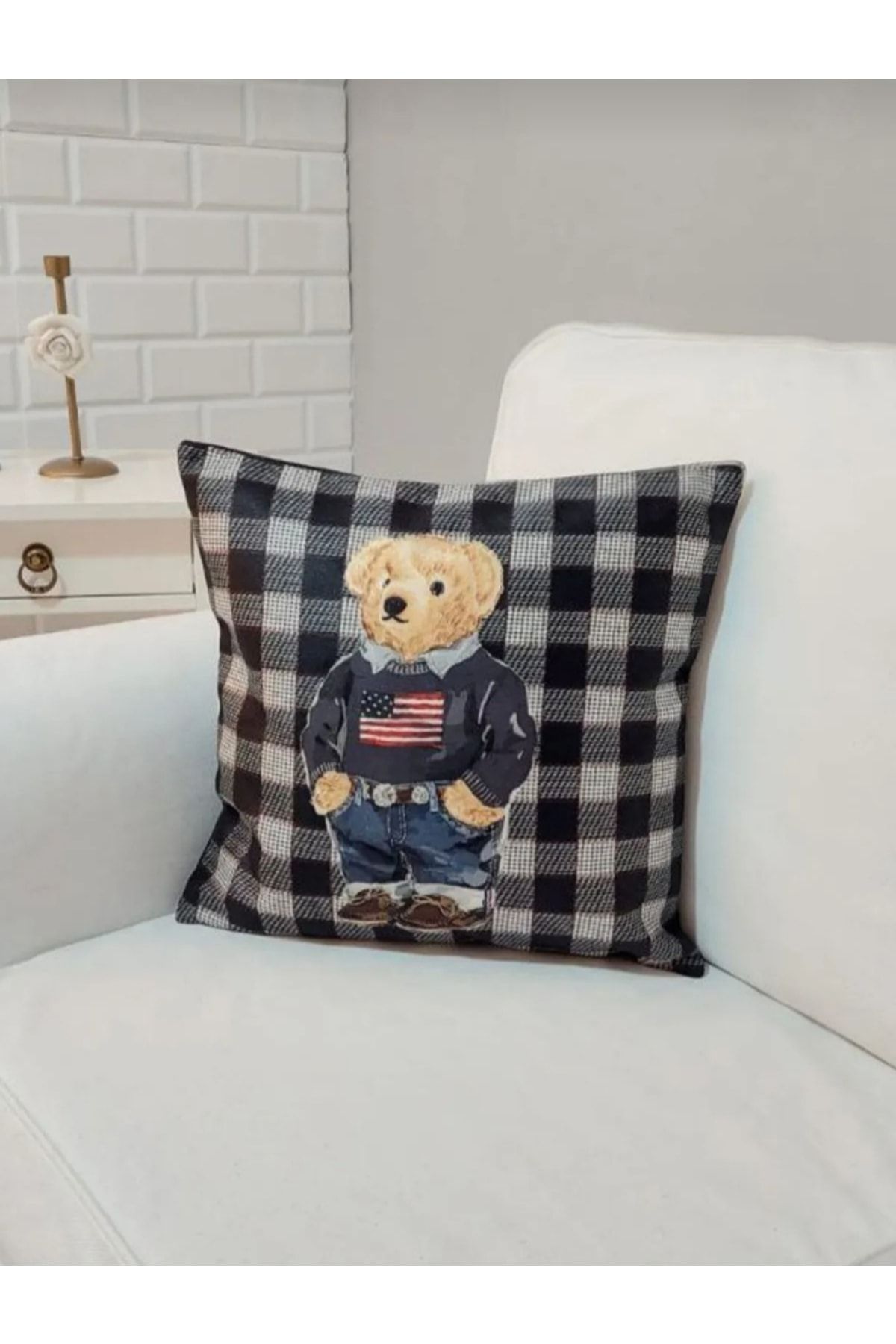 KIRLENT EV Teddy Bear USA Puppy Pattern Throw Pillow Case Trendyol