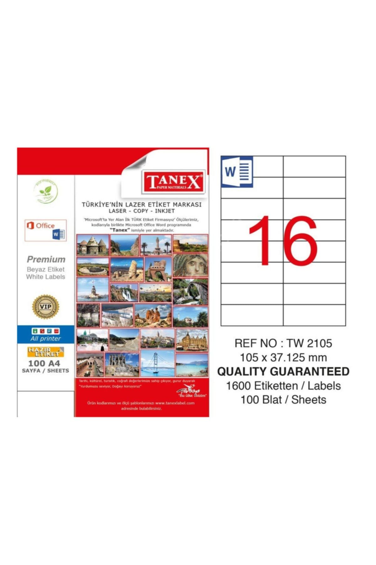 Tanex Beyaz Adresleme ve Postalama Etiketi 105 mm X 37.125 mm 16'lı Tw-2105
