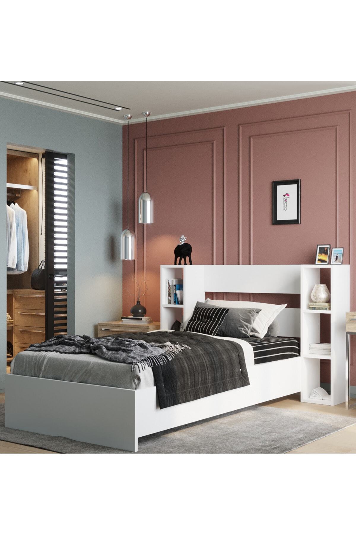 TOCCO Smart Beyaz Lüx Kitaplıklı Tek Kişilik Karyola 1097