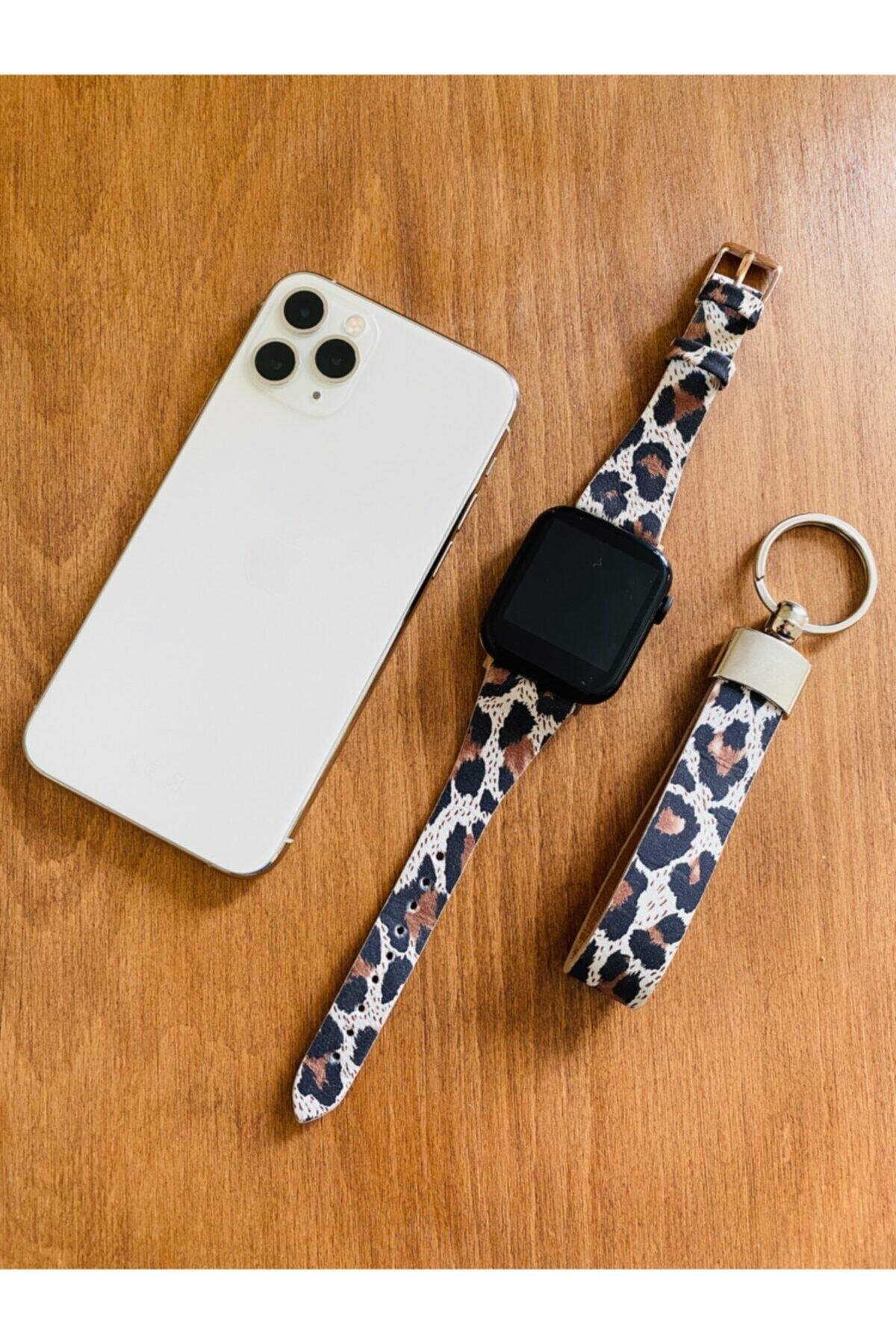 Yaydan Deri Aksesuar Apple Watch 38-40mm Uyumlu Leoparlı Deri Saat Kordonu&deri Anahtarlık
