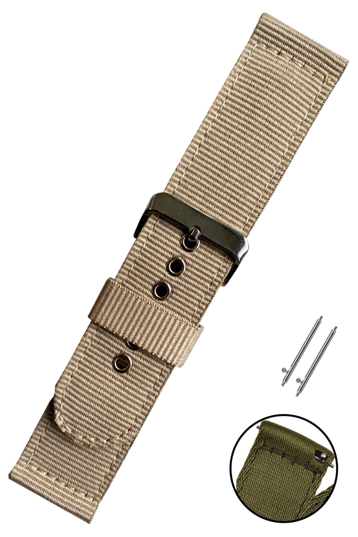 Trendburada Omega 24mm Saat Uyumlu Bej Renk Akıllı Pimli Çift Parça Nato Bez Perlon Saat Kordonu