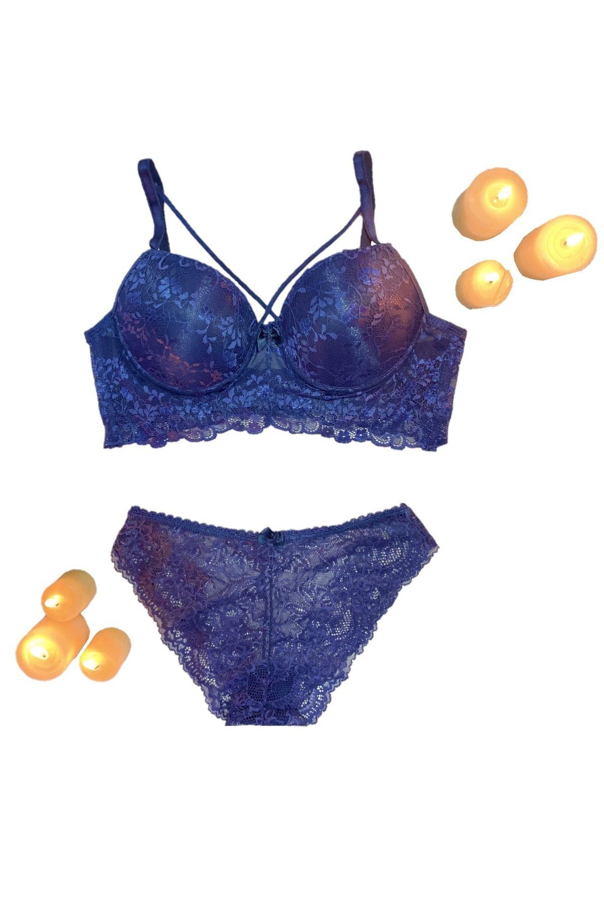 ECEM YILDIZ Kadın Dantelli Desteksiz Bralet Indigo Sütyen Takım