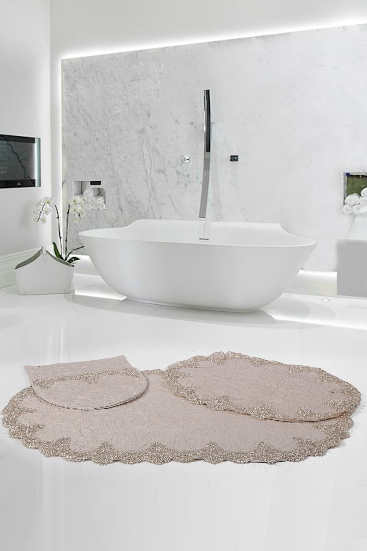 Bonny Home Peluş Lux Oval Vizon Dantelli Klozet Takımı 3lü
