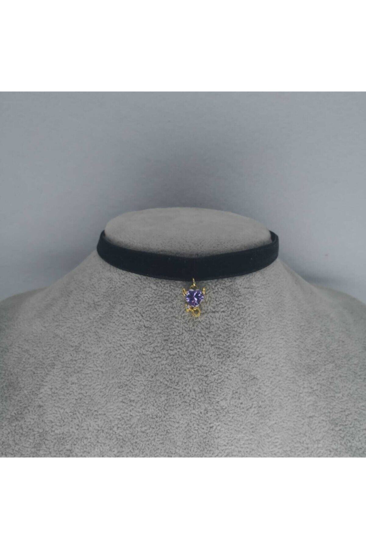 Fugusugu Kadın Evil Love Eflatun Kalp Taşlı Kadife Choker