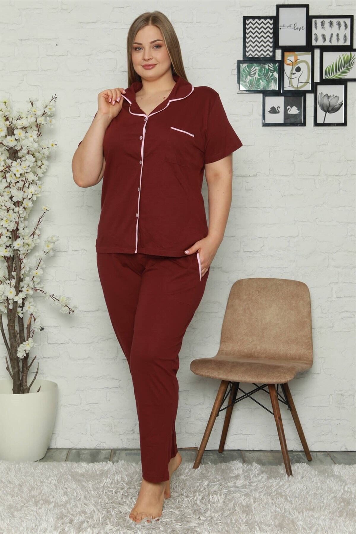 Moda Çizgi Kadın Pamuklu Cepli Kısa Kol Büyük Beden Pijama Takım 202063