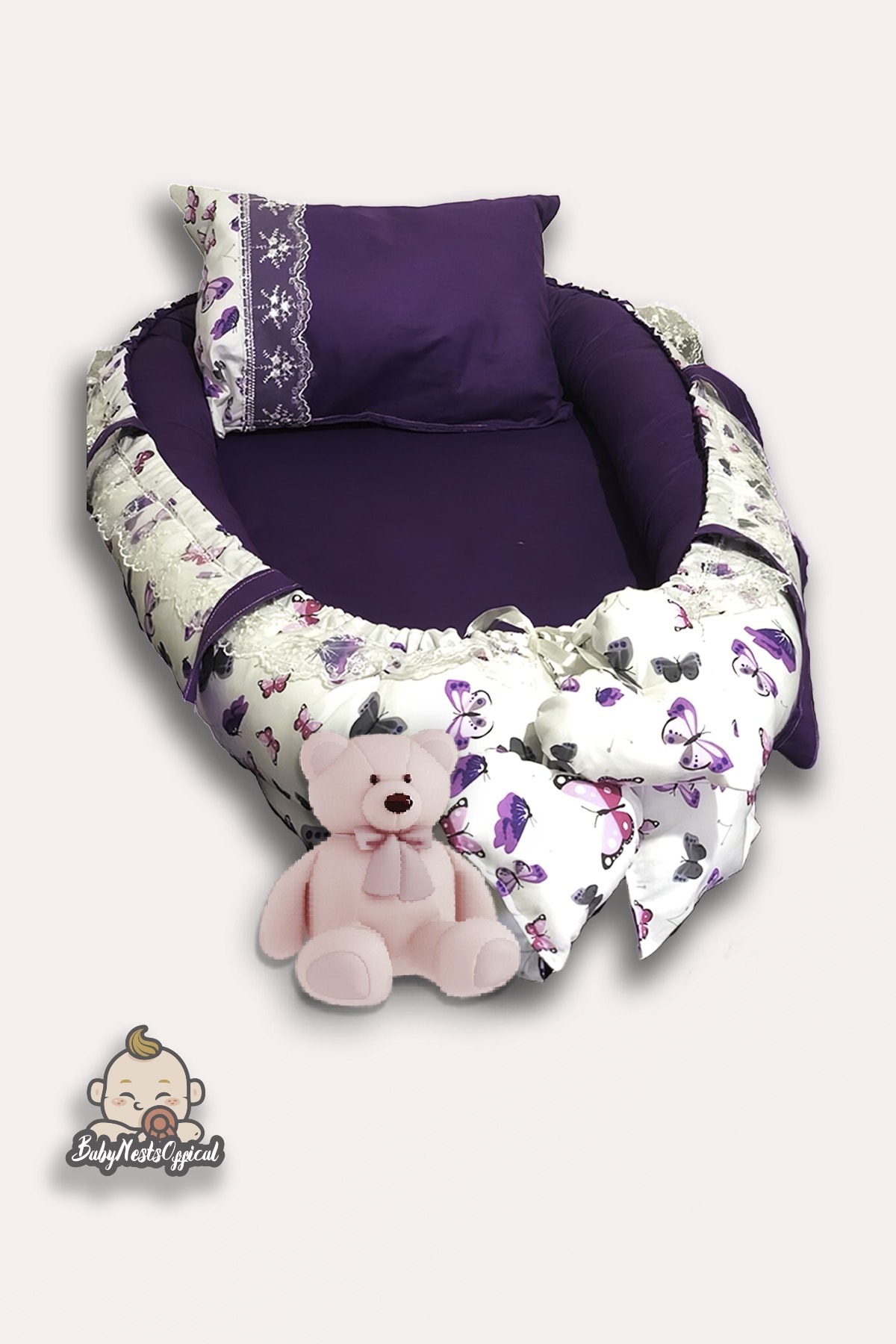 BABYNESTSOFFİCİAL Mor Tasarım Organik Pamuklu Bebek Yatağı