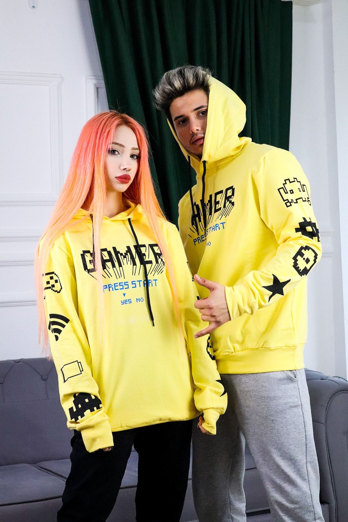 mooncorn unisex sari gamer baskili kollari detayli kapusonlu sweatshirt fiyati yorumlari trendyol