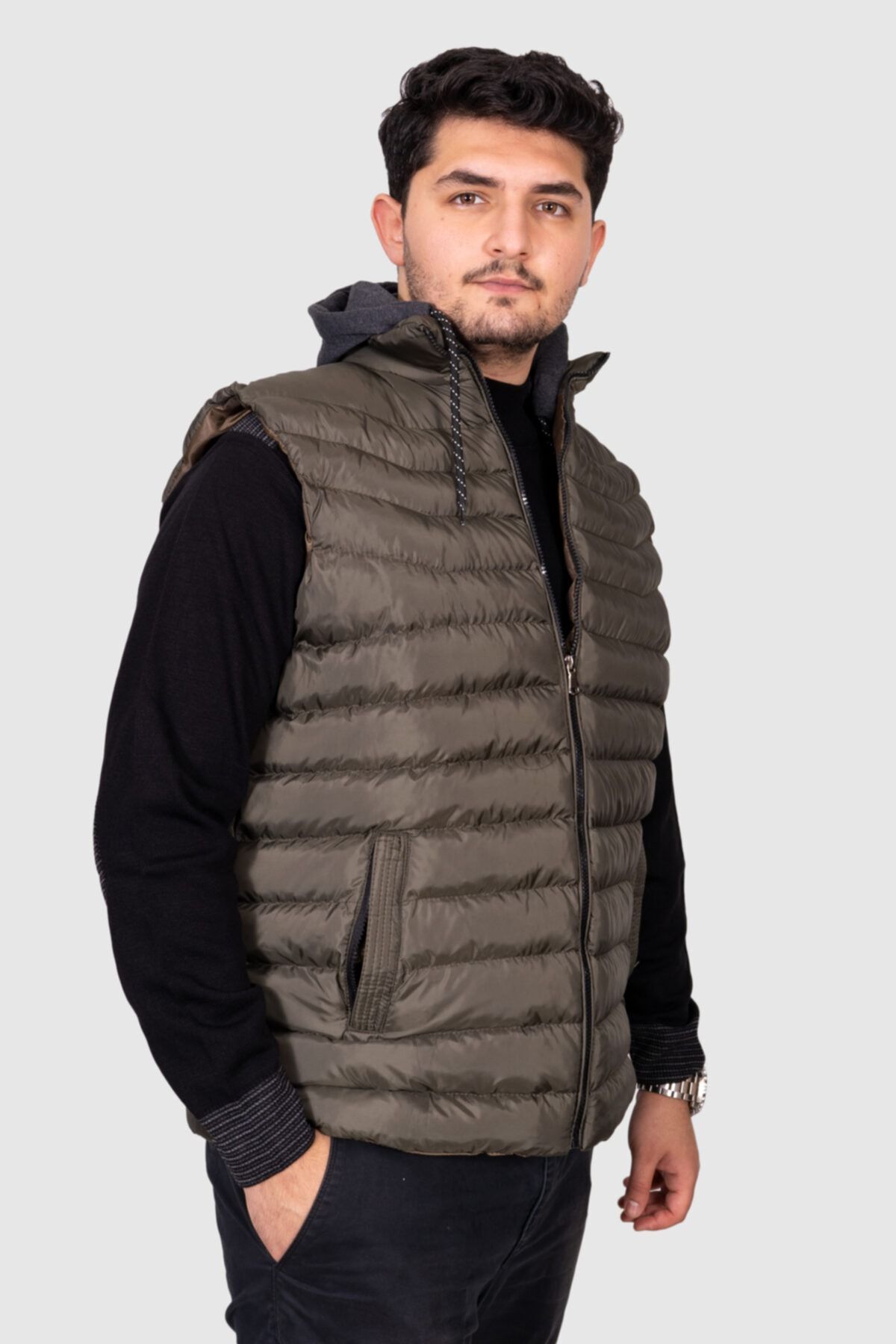 AGS MODA Erkek Haki Çıkarılabilir Kapüşonlu Şişme Yelek