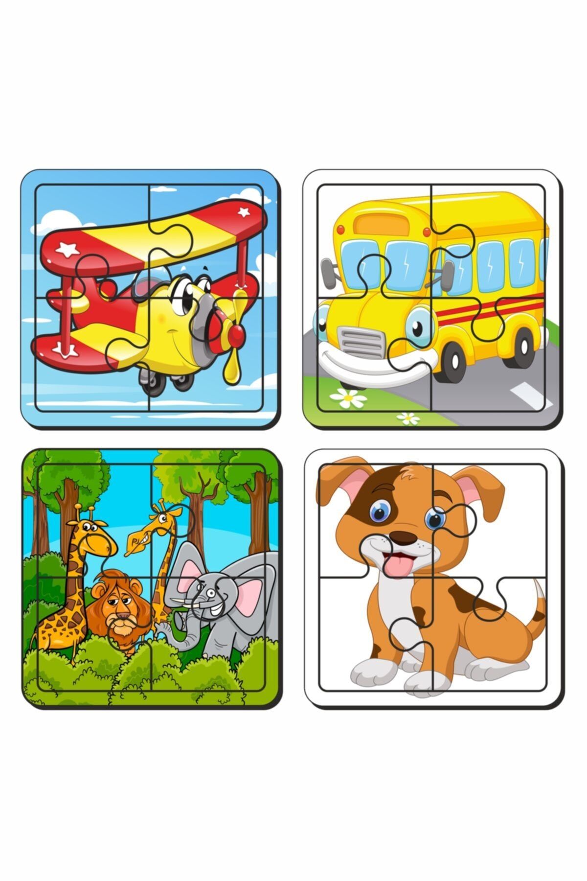 Baskı Atölyesi Uçak, Otobüs, Sevimli Hayvanlar Ve Köpek 4 Parça 4'lü Yapboz Ilk Puzzle, Kolay Puzzle