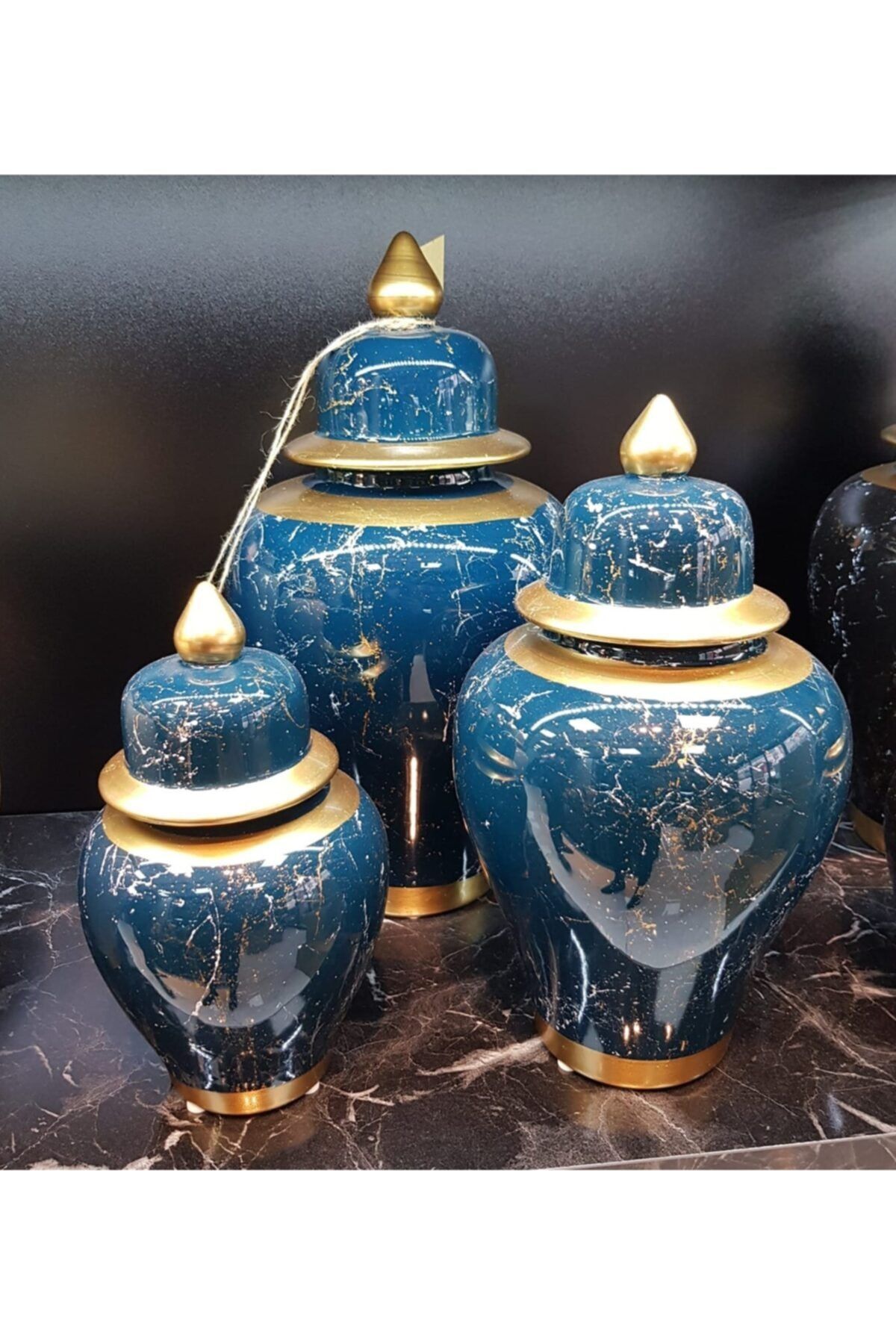 KIRAT HOME DESIGN Şık Altın Detaylı 3lü Dekoratif Gece Mavisi Mermer Desenli Küp