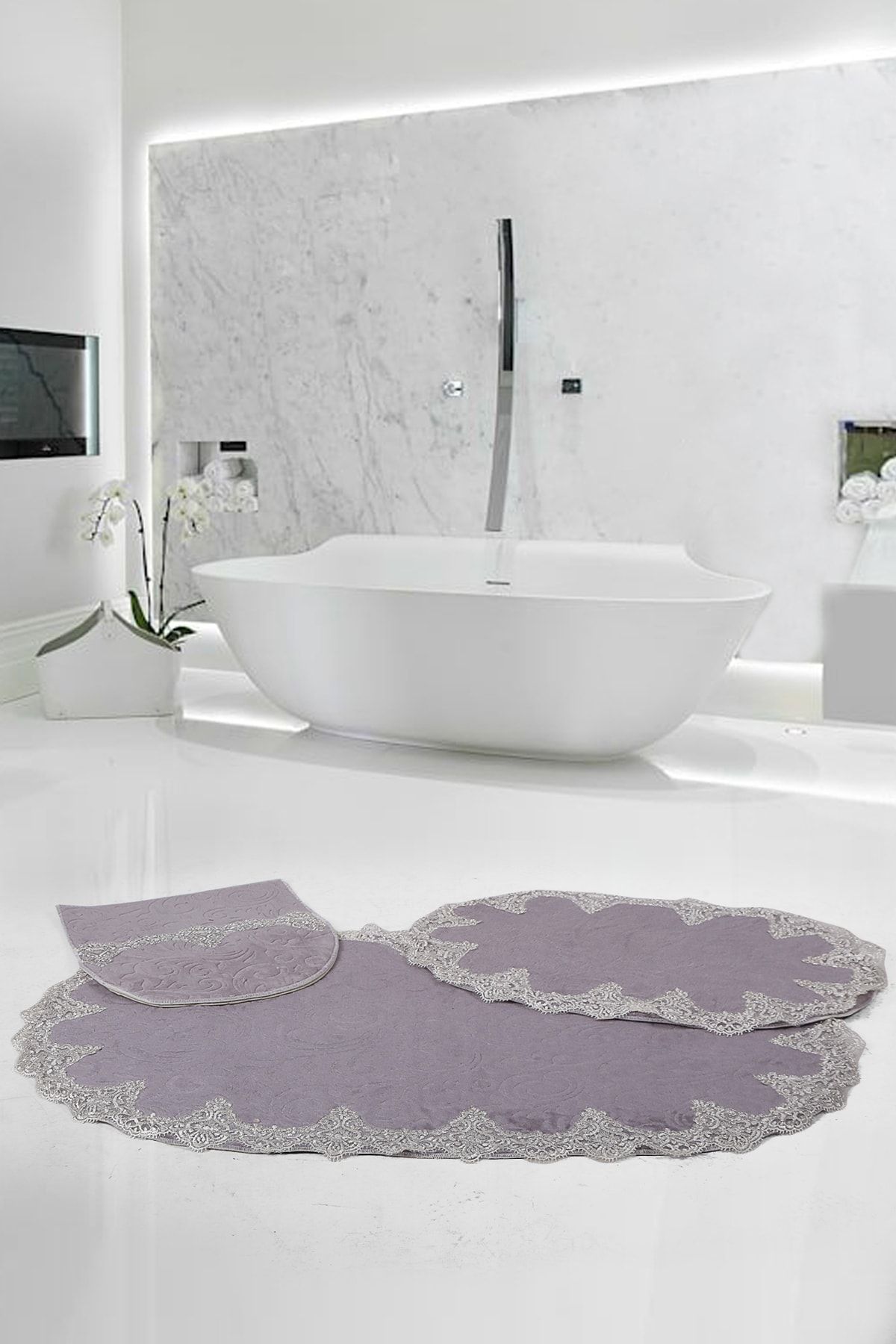 Bonny Home Gri Peluş Oval 3'lü Dantelli Klozet Takımı