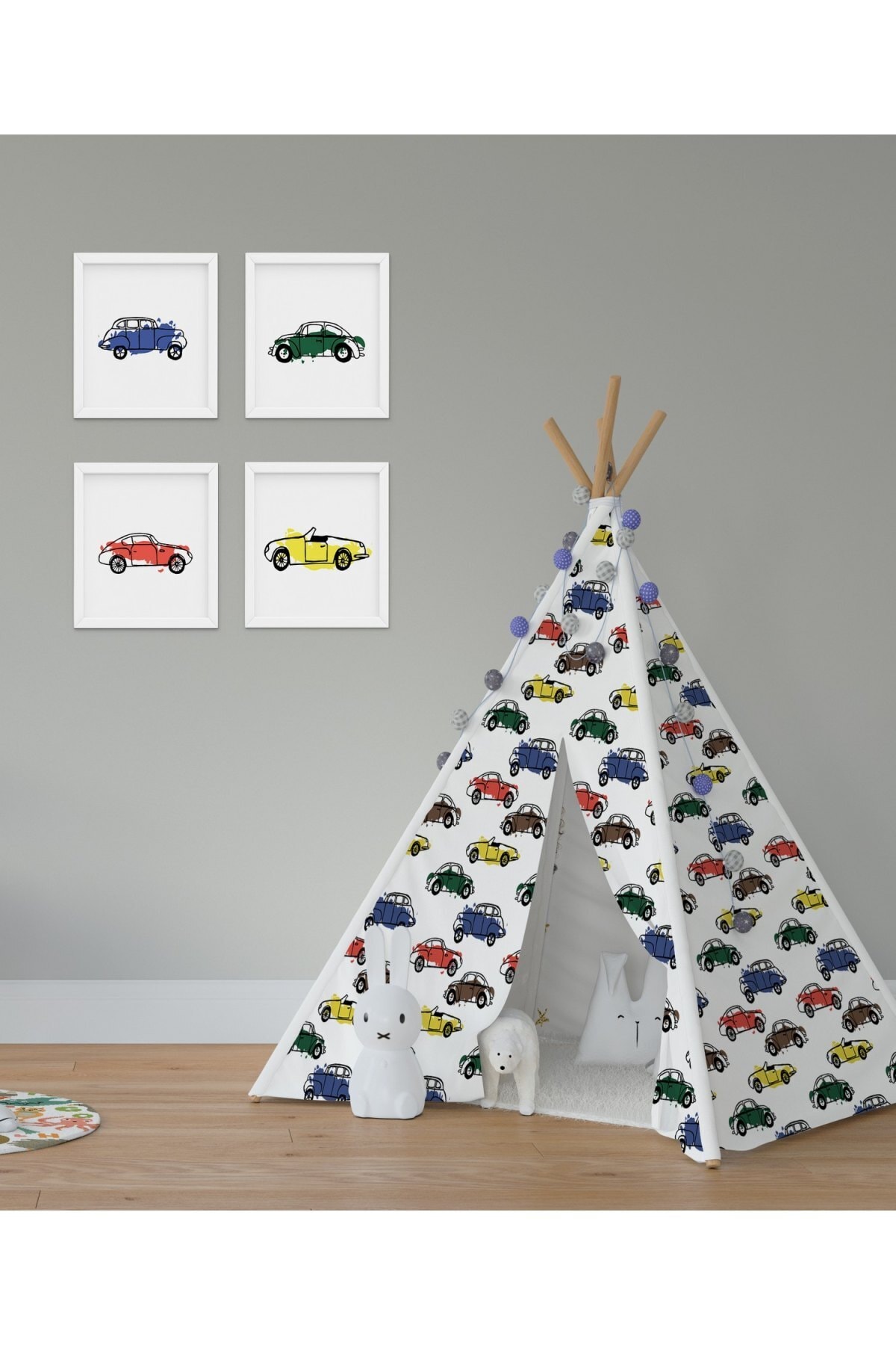 CİCİ TASARIM ÜRÜNLERİ Renkli Klasik Arabalar Kızılderili Minderli Çocuk Oyun Çadırı 140x140 cm