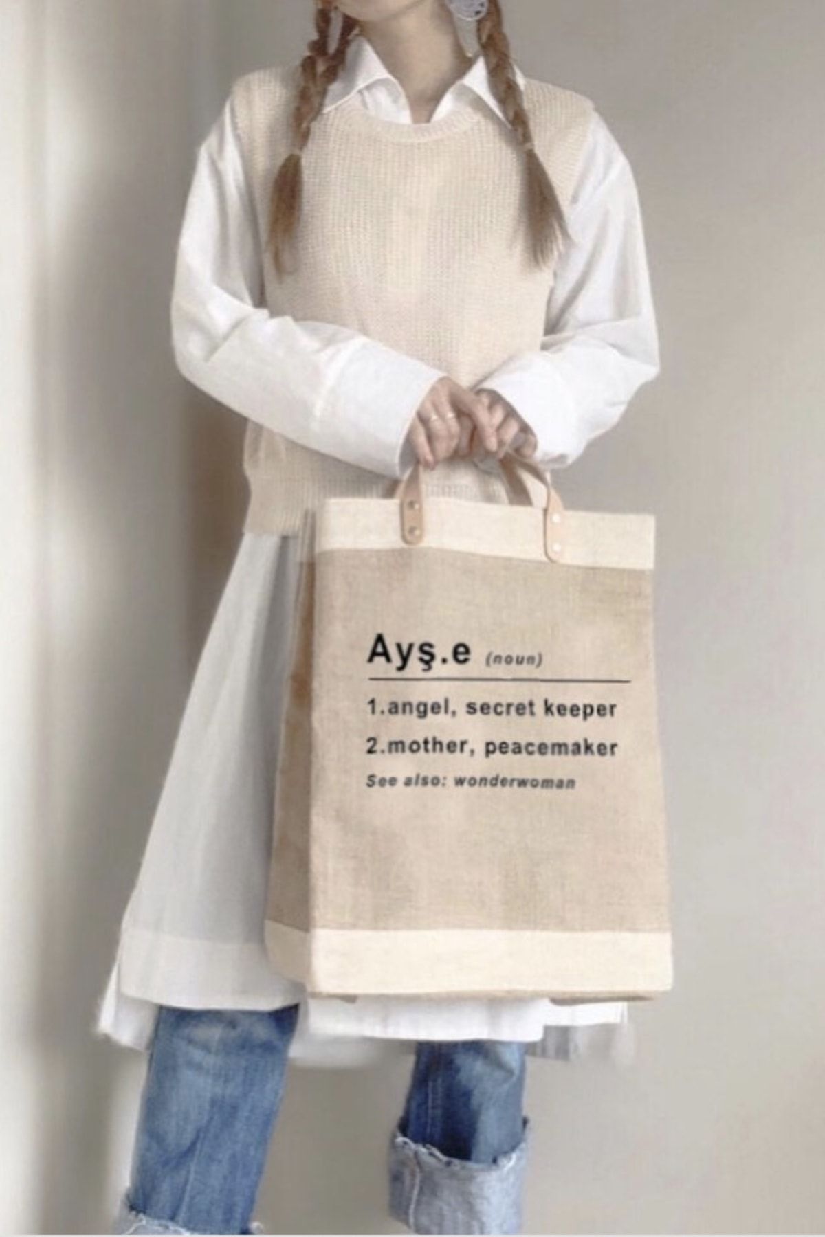Moncvas Bej Ayşe Baskılı Jüte Alışveriş Çantası
