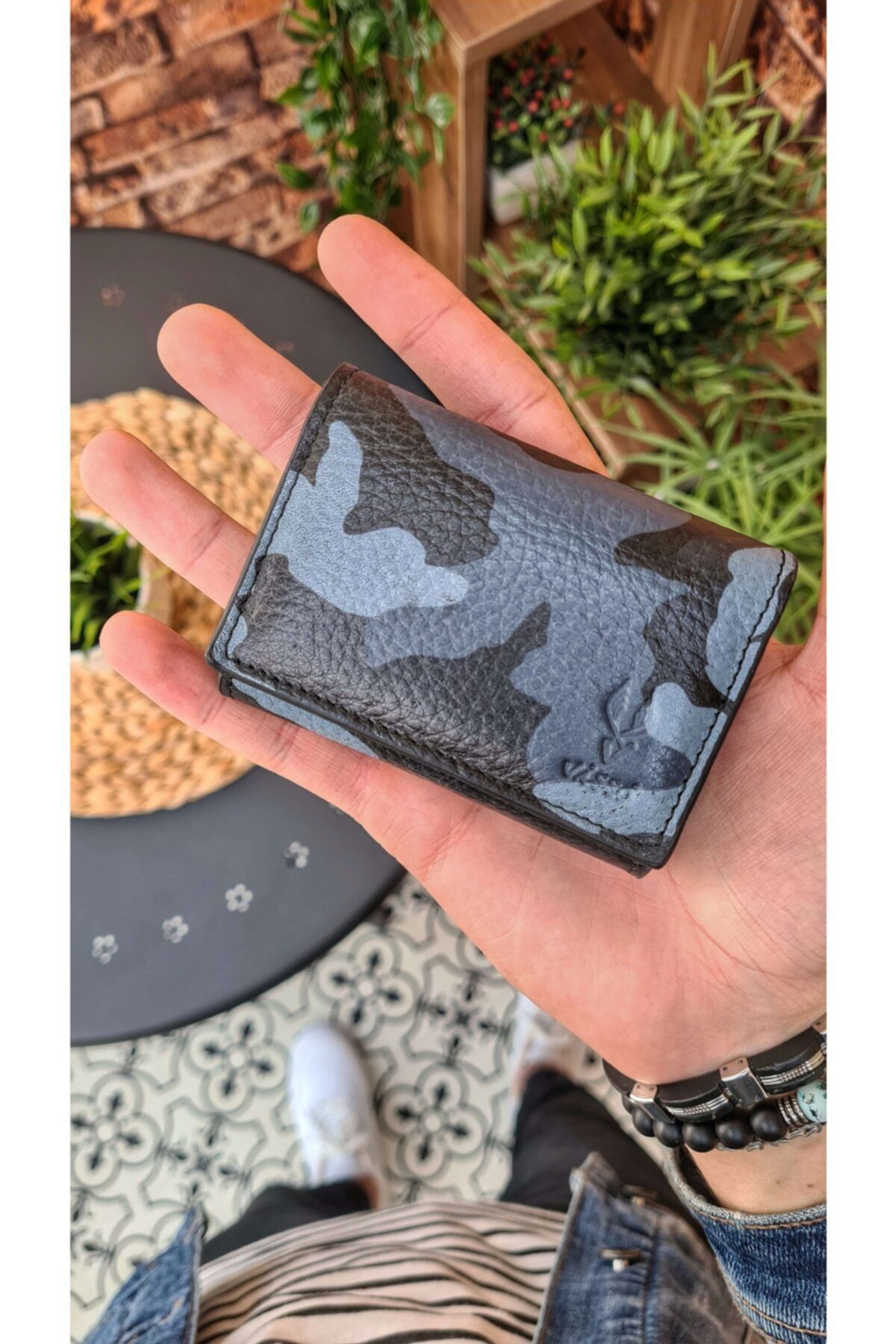 VİSSO Unisex Mavi Havacı Kamuflaj Hakiki Deri Akordeon Kredi Kartlık