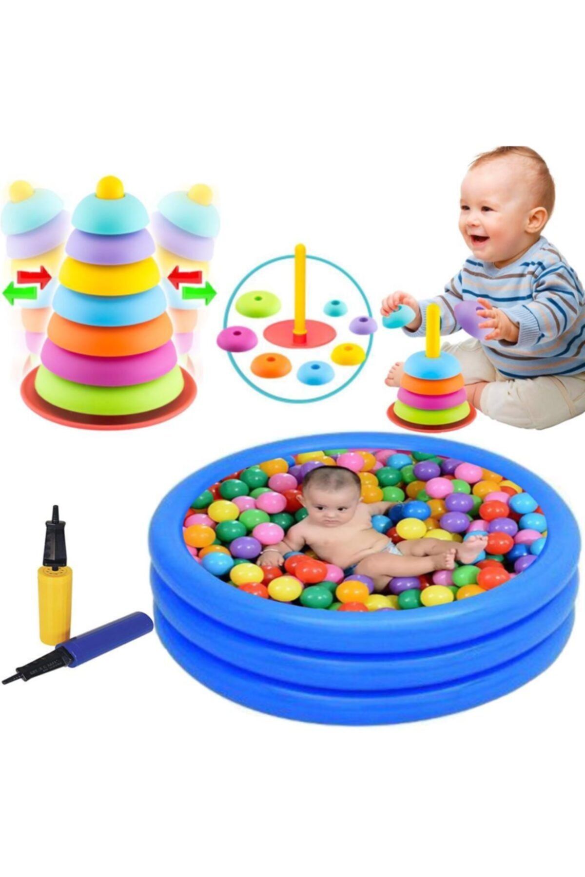 Depomiks Avm Şişme Çocuk Havuzu Pompa 100 Adet Havuz Topu ve Sallanan Kuleler Eğitici Oyuncak 102x25cm