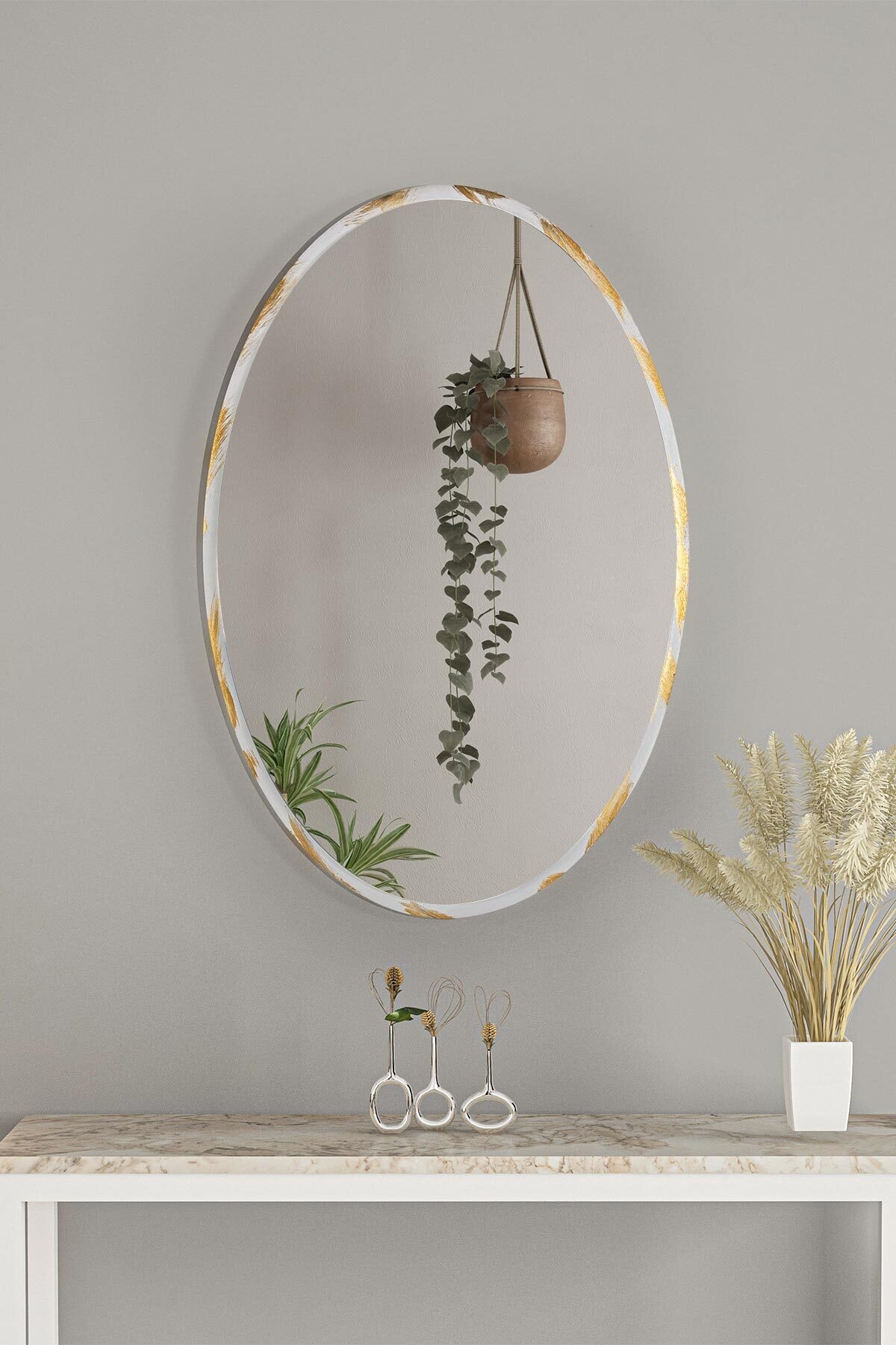 bluecape Beyaz Gold Eskitme Hol Koridor Duvar Salon Mutfak Banyo Yatak Odası Aynası 73 Cm