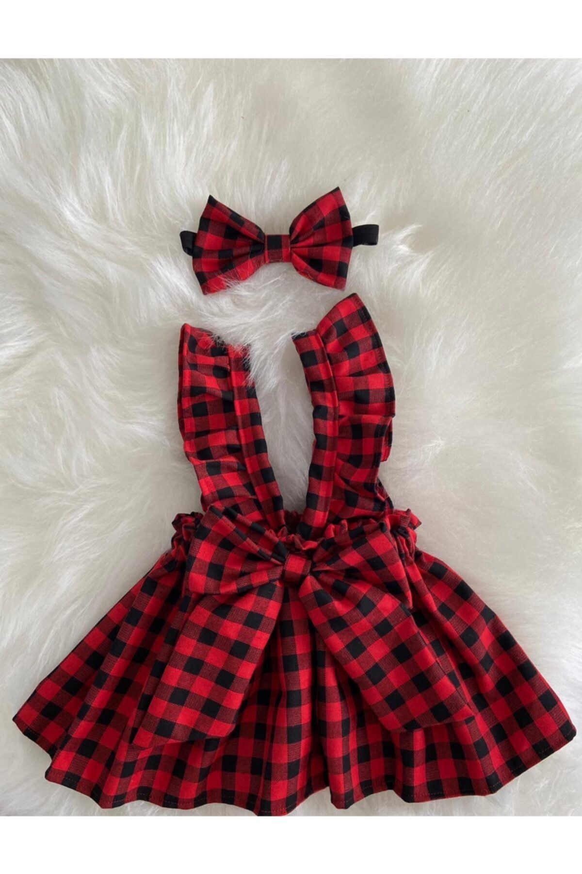 Moda Lina Kız Bebek Kırmızı Pötükare Salopet Bandana Set