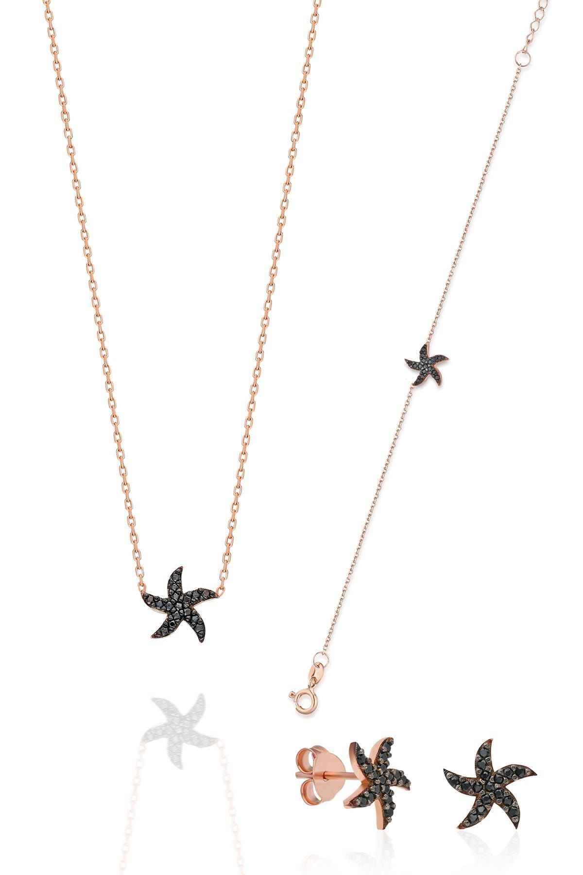 Ninova Silver Ninova Rüzgar Gülü Model Siyah Zirkon Taşlı Rose Kaplama Gümüş Set