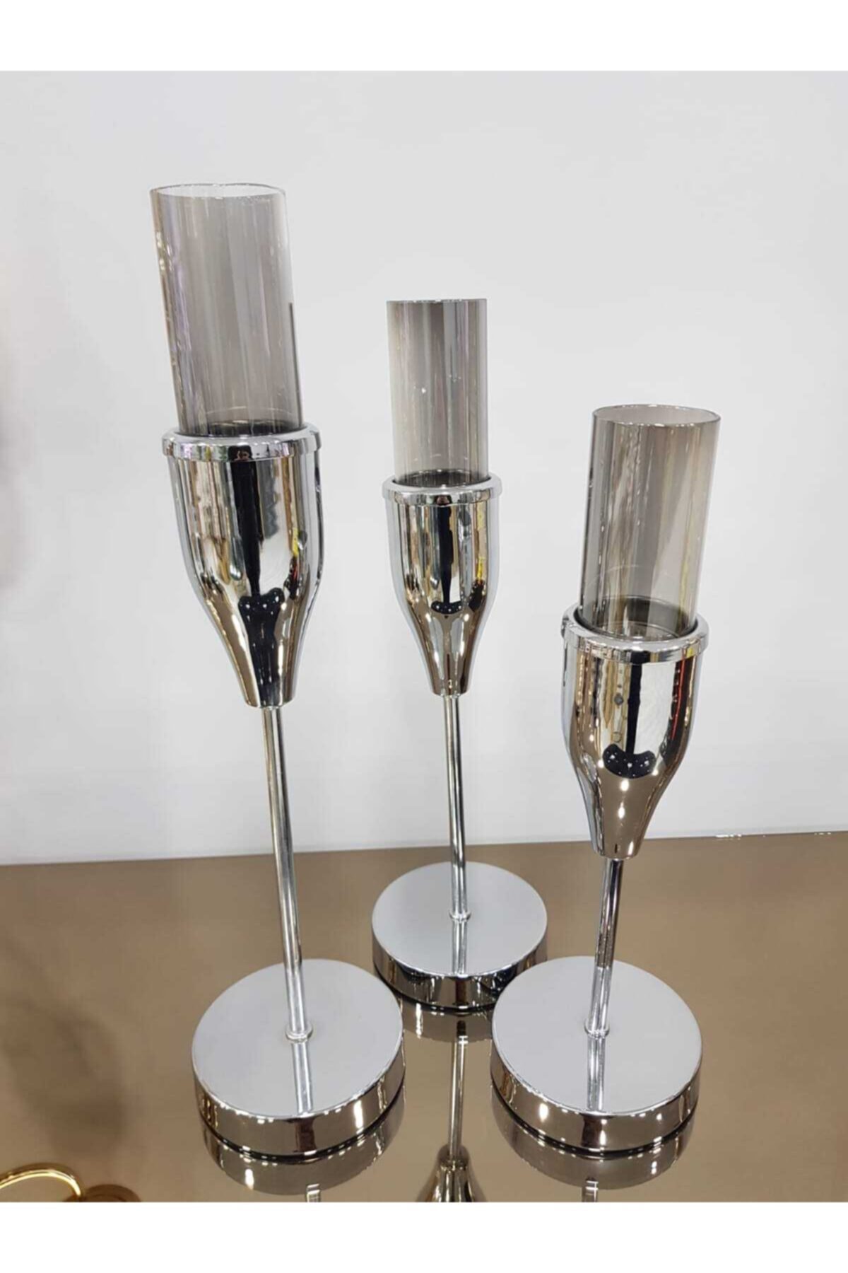 KIRAT HOME DESIGN Şık 3'lü Metal Gümüş Şamdan Mumluk