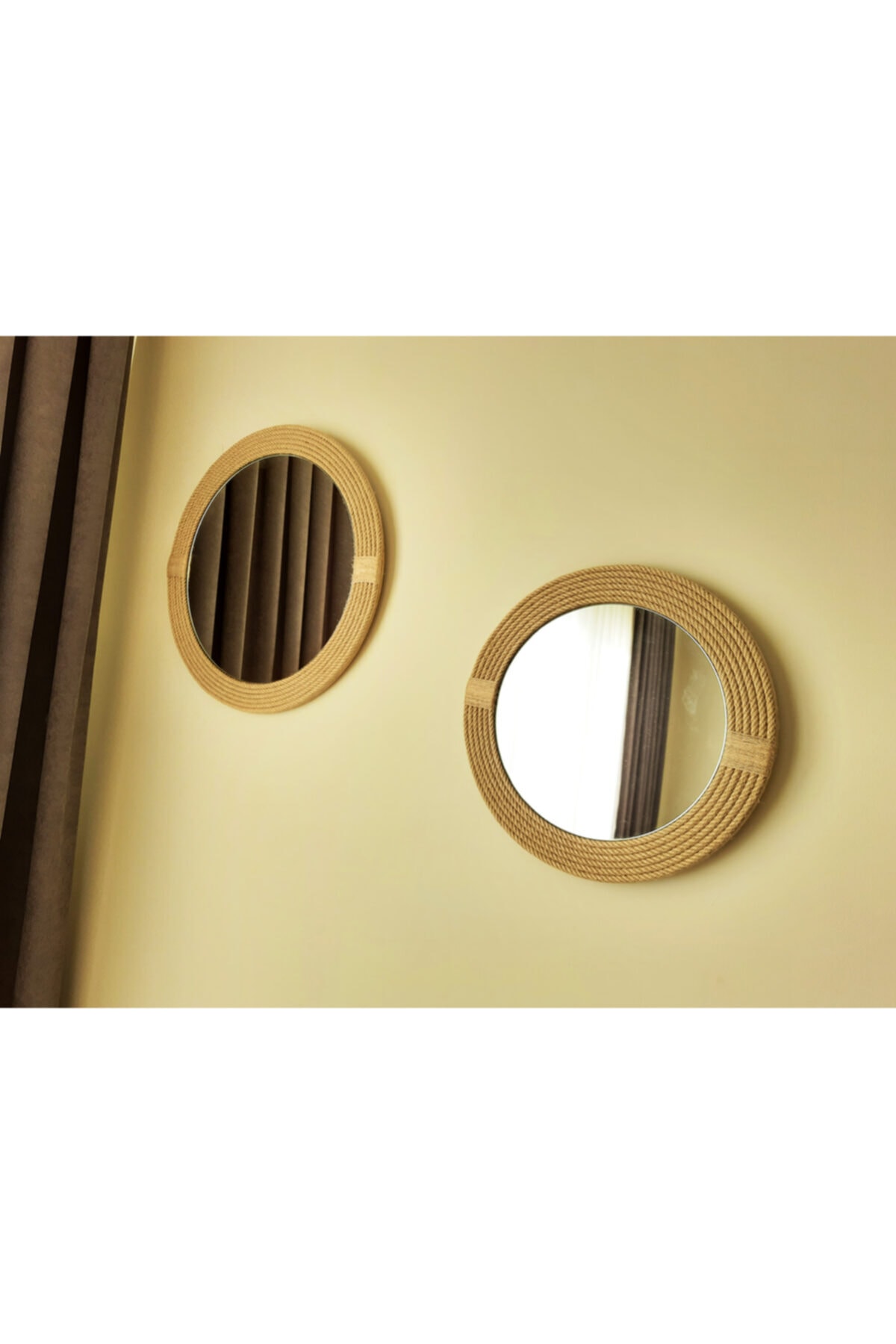 DFN WOOD Jut Halatlı 2'li Yuvarlak Dekoratif Duvar Salon Banyo Aynası 70,60 Cm Çap