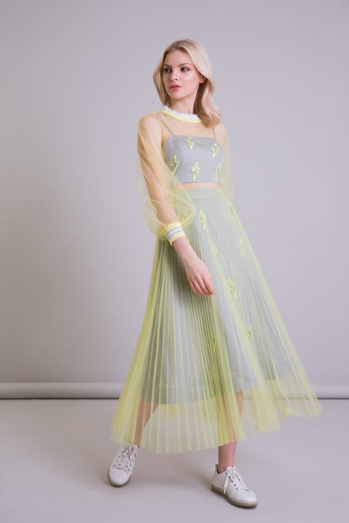 GIZIA SPORT Tül Kaplı Neon Sarı Poplin Midi Etek