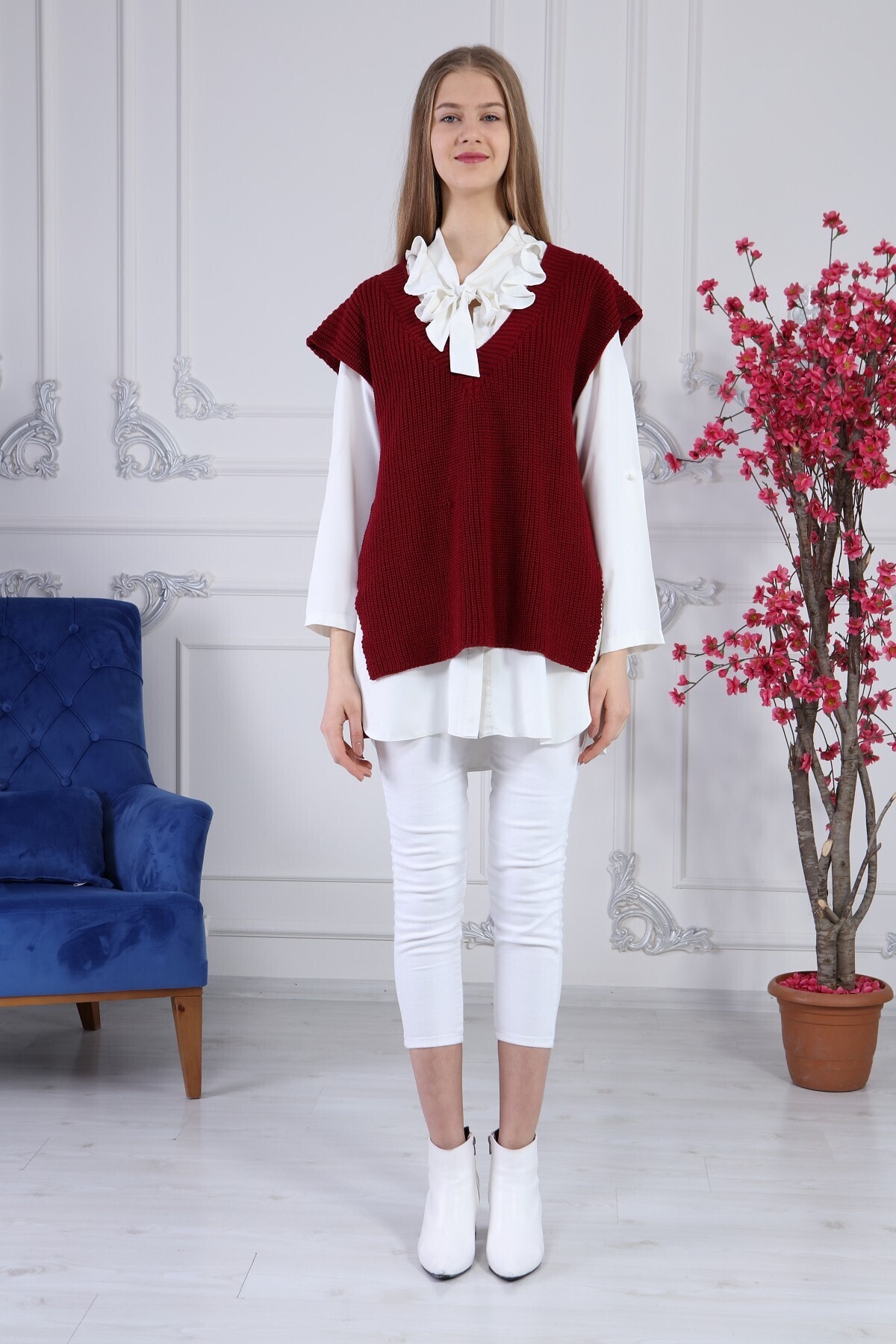 Ananas Kadın Bordo Yandan Yırtmaçlı Süveter