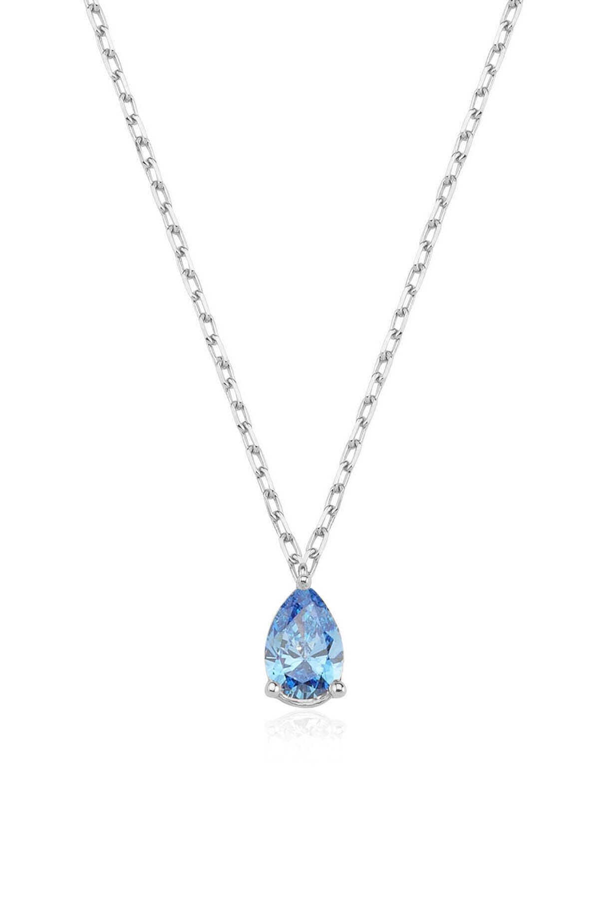 Valori Jewels Kadın 0.33 Karat Swarovski Zirkon Mavi Damla Taşlı, Gümüş Kolye