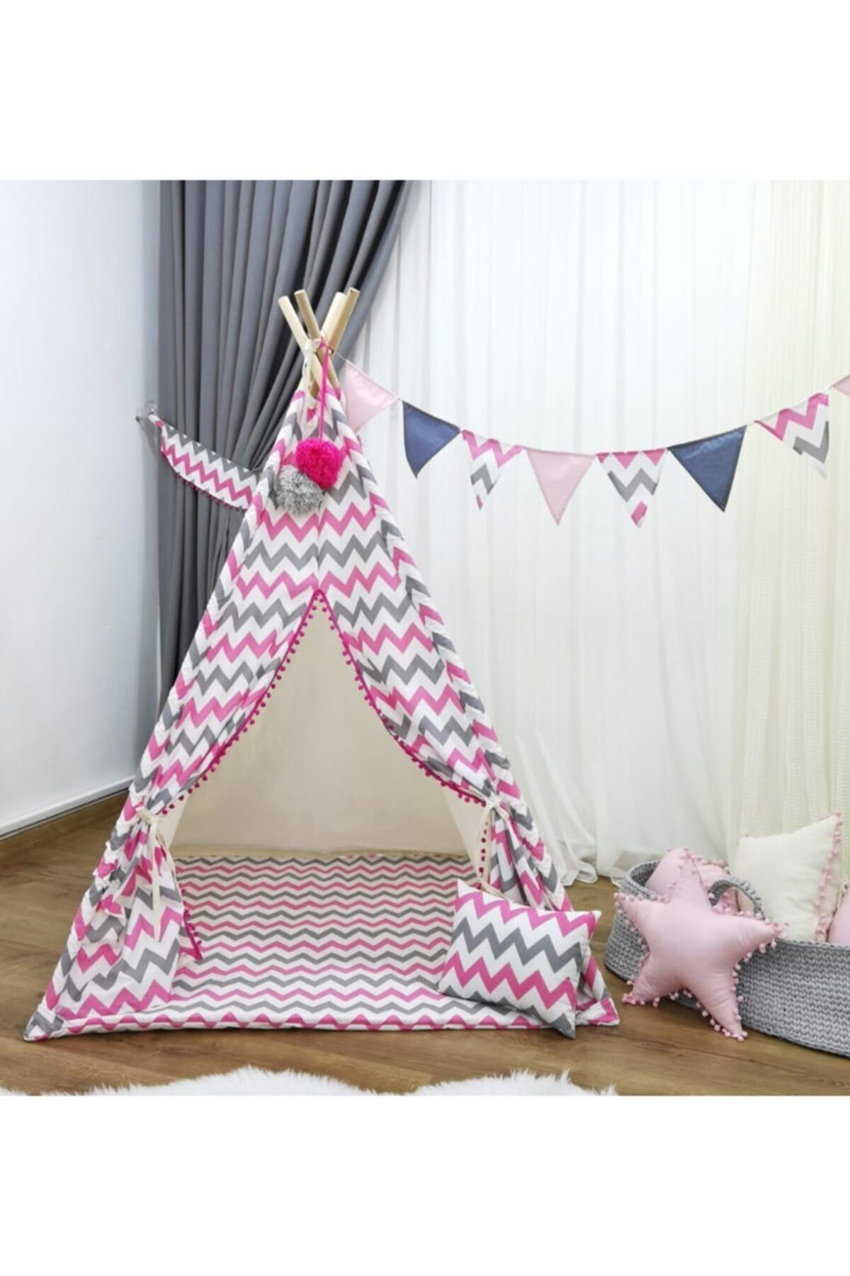 mordesign Zikzak Desen Handmade Ahşap Direk, Büyük Boy Kızılderili Çocuk Oyun Çadırı, Krem Pembe