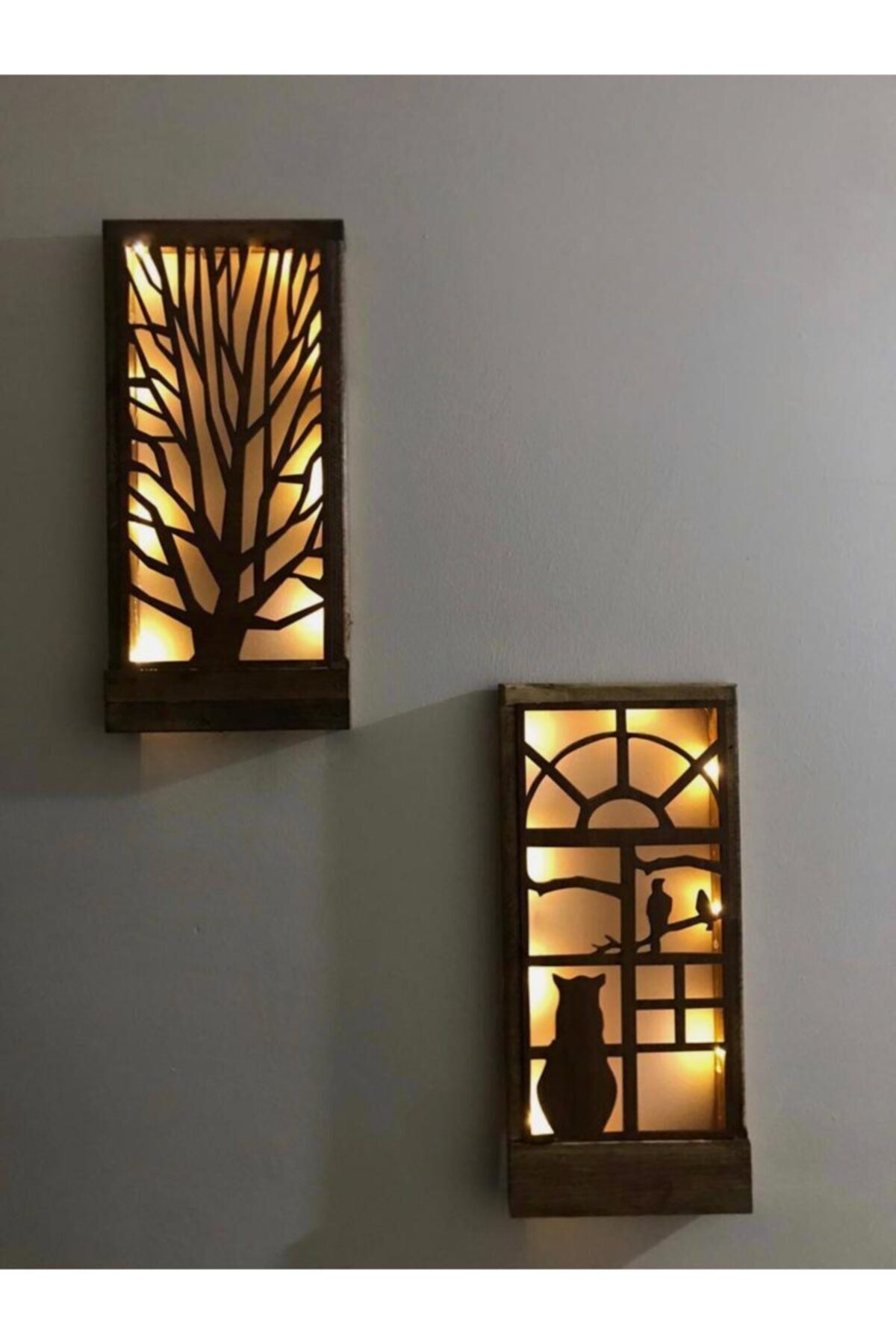 MSAĞWOODS Piller Dahil Peri Ledli Desenli Duvar Süsü Masif Ahşap 18x36 Tablo Gece Lamba Antre Hol Ev Hediyesi