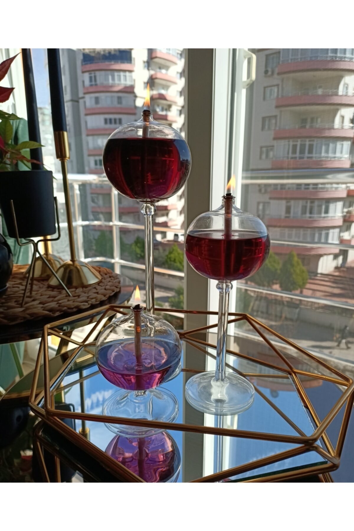 Muhtelif Ayaklı Balon Cam Kandil + Kandil Yağı 2'li Set