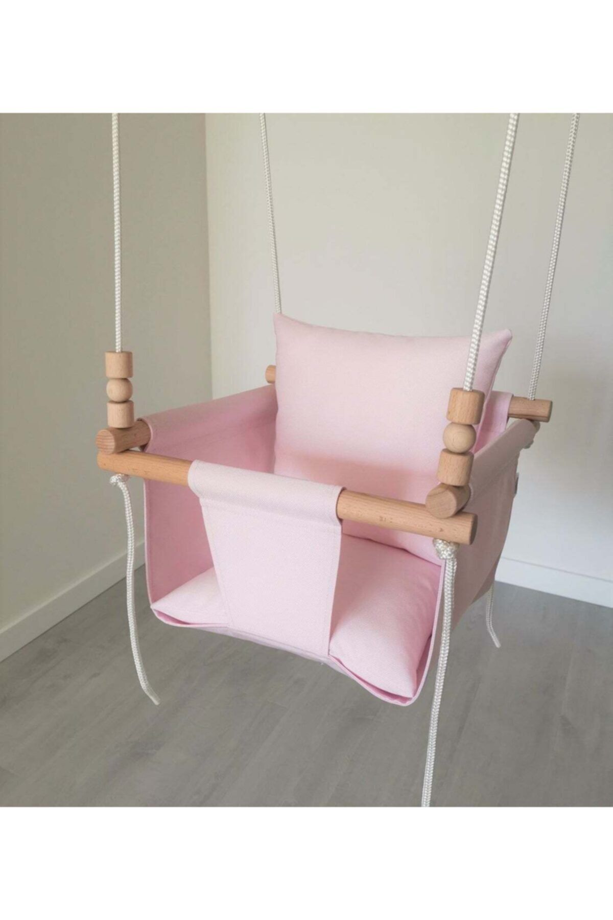 mammoly Kız Bebek Çocuk Pembe Ahşap Çift Yastıklı Ev Bahçe Salıncağı