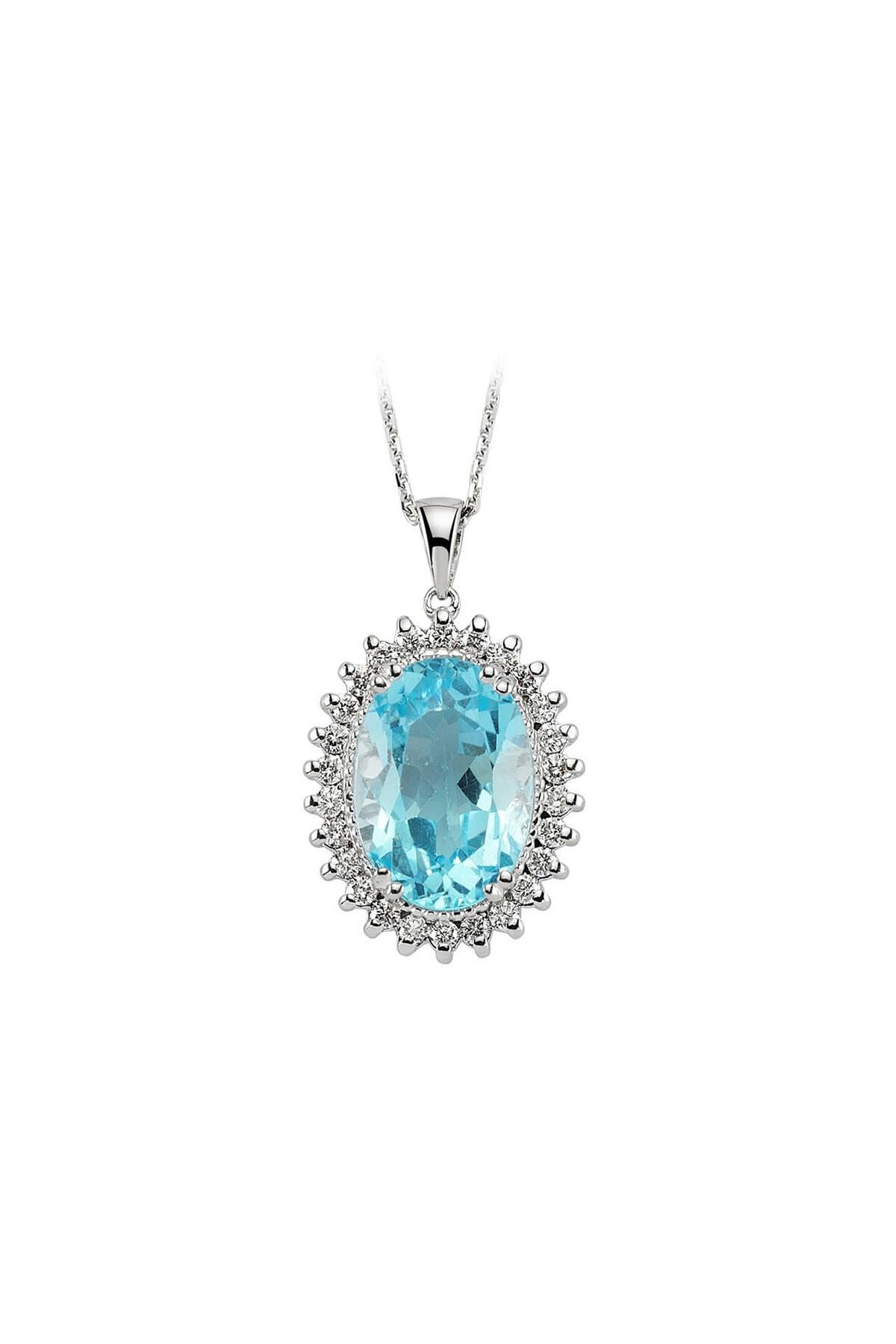 Sirius Pırlanta Kadın Oval Mavi Topaz Taşlı Pırlanta Anturaj Kolye