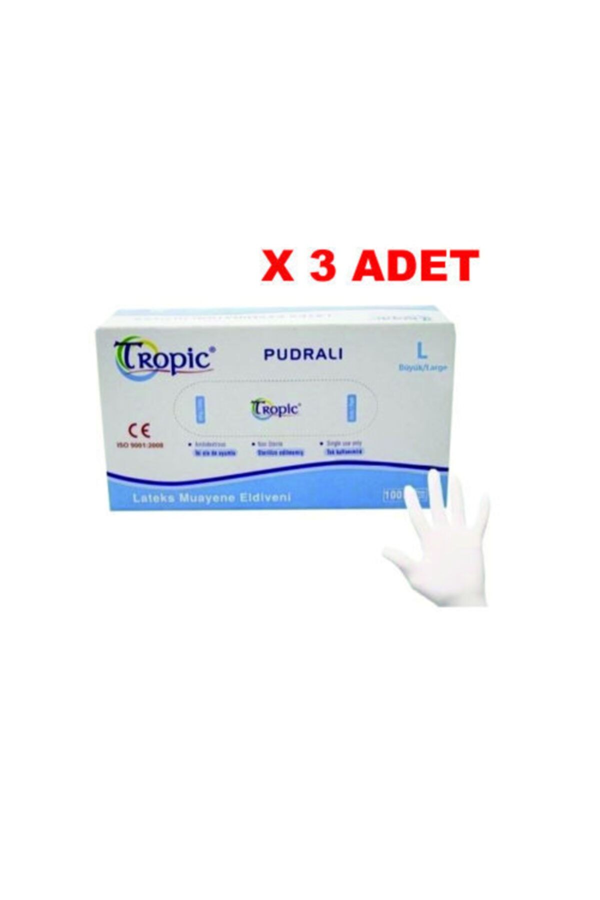 Tropic Lateks Pudralı L Beden Muayene Eldiveni 3 x 100 Adet