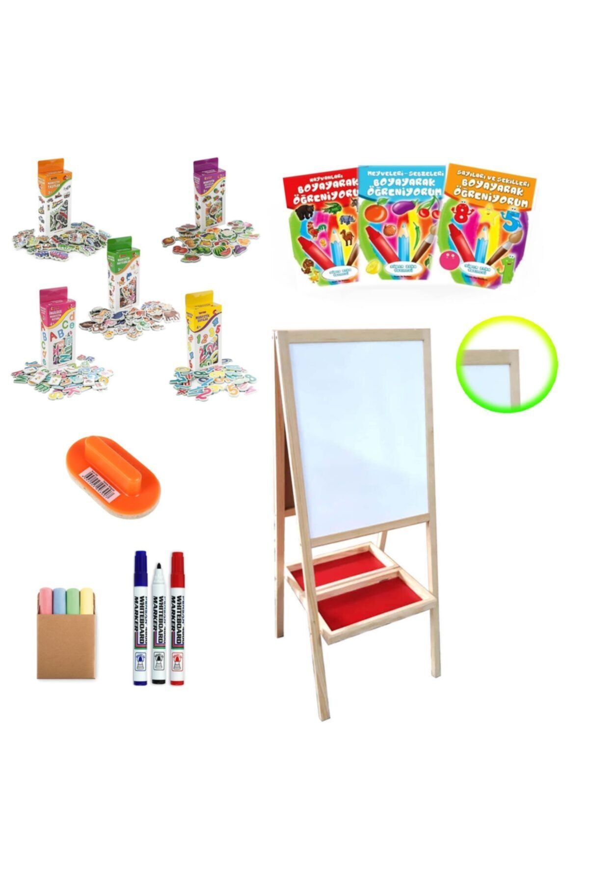 Mashotrend 17 Parça Çift Taraflı Yazı Tahtası Seti - Çift Tarafı Beyaz - 5 Manyetik Set + 3 Boyama Kitabı - Cbm
