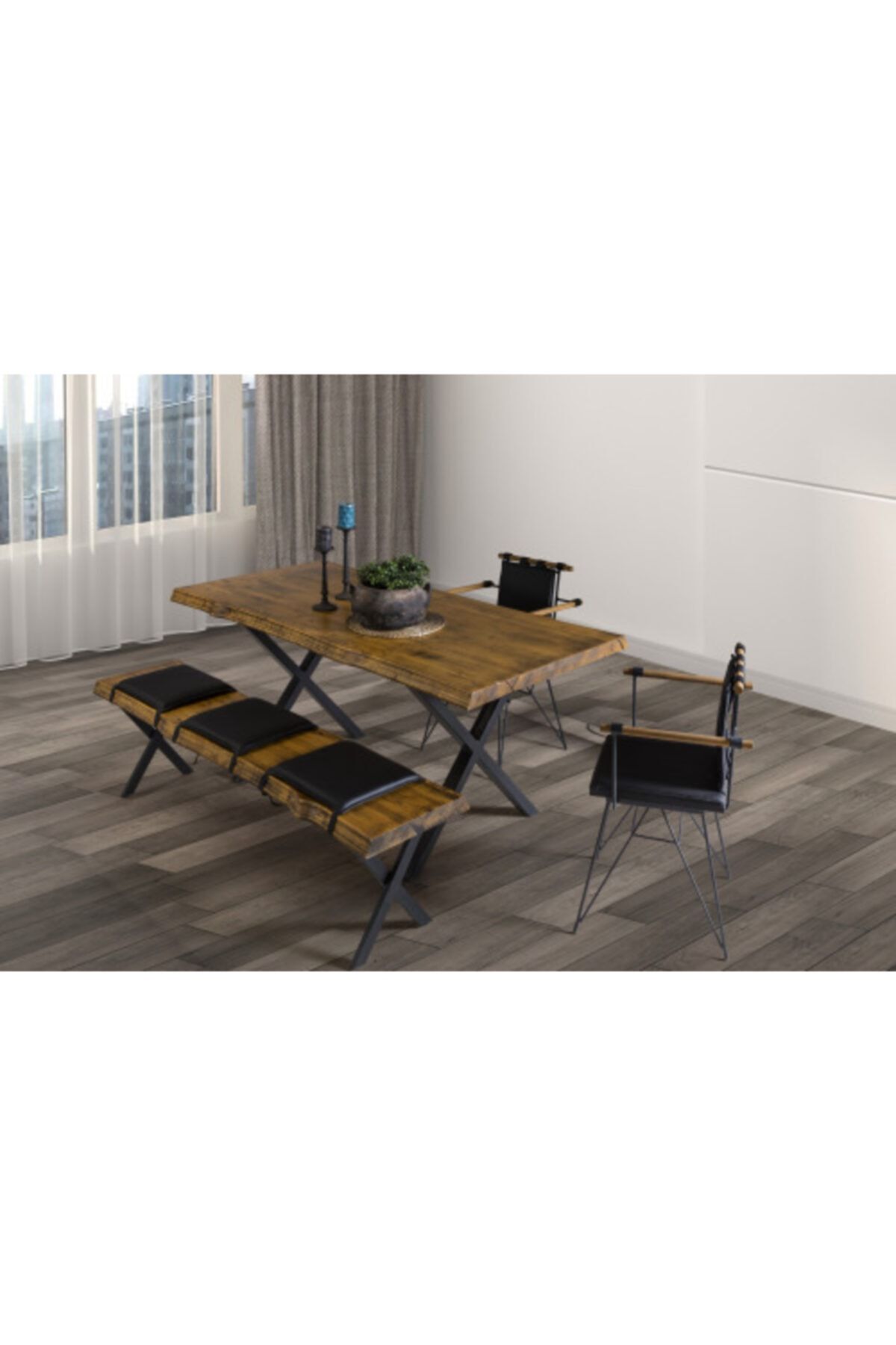 İRON16 Wooden Yemek Masası Takımı 2 Sandalye 1 Bench