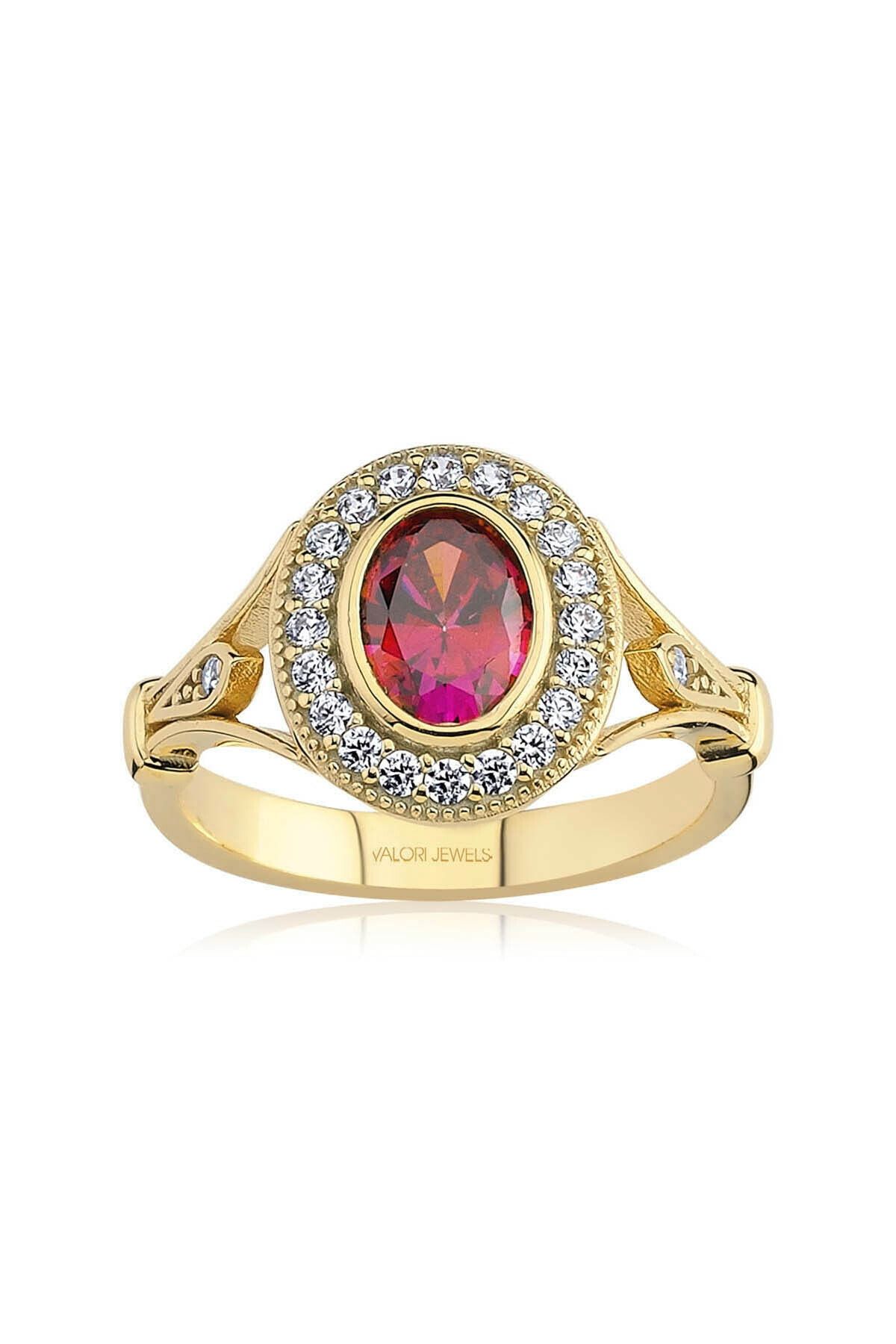 Valori Jewels 1 Karat Swarovski Zirkon Kırmızı Oval Taşlı Altın Rengi Gümüş Yüzük
