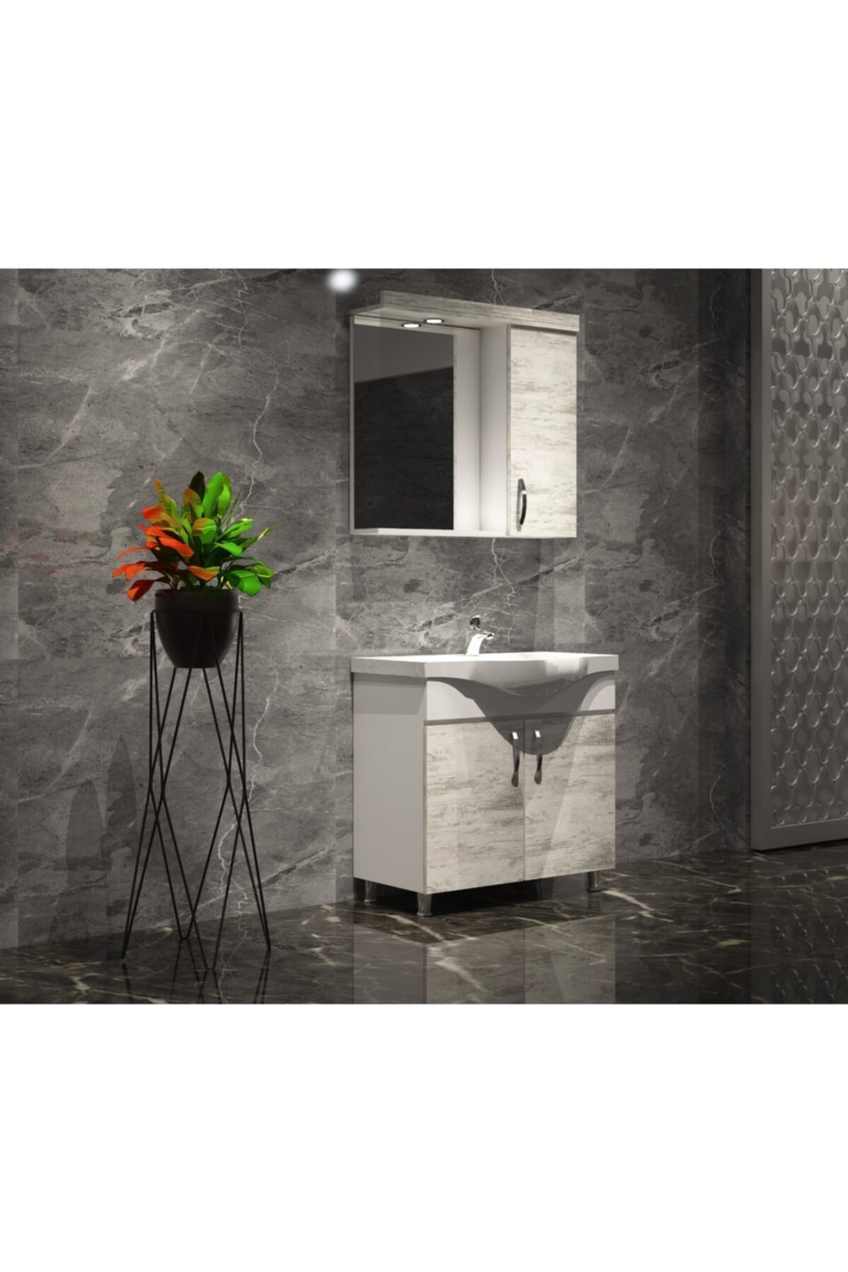 ÖZCEDEN Antik Beyaz Yıldız Banyo Dolabı Takımı 65 cm