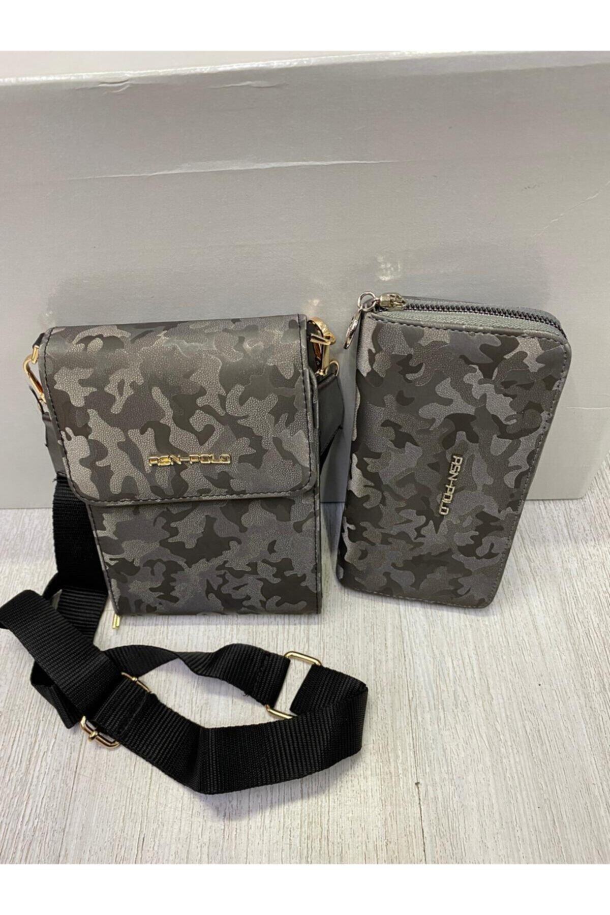 ASN POLO Kadın Füme Kamuflaj Kombin Çanta Cüzdan
