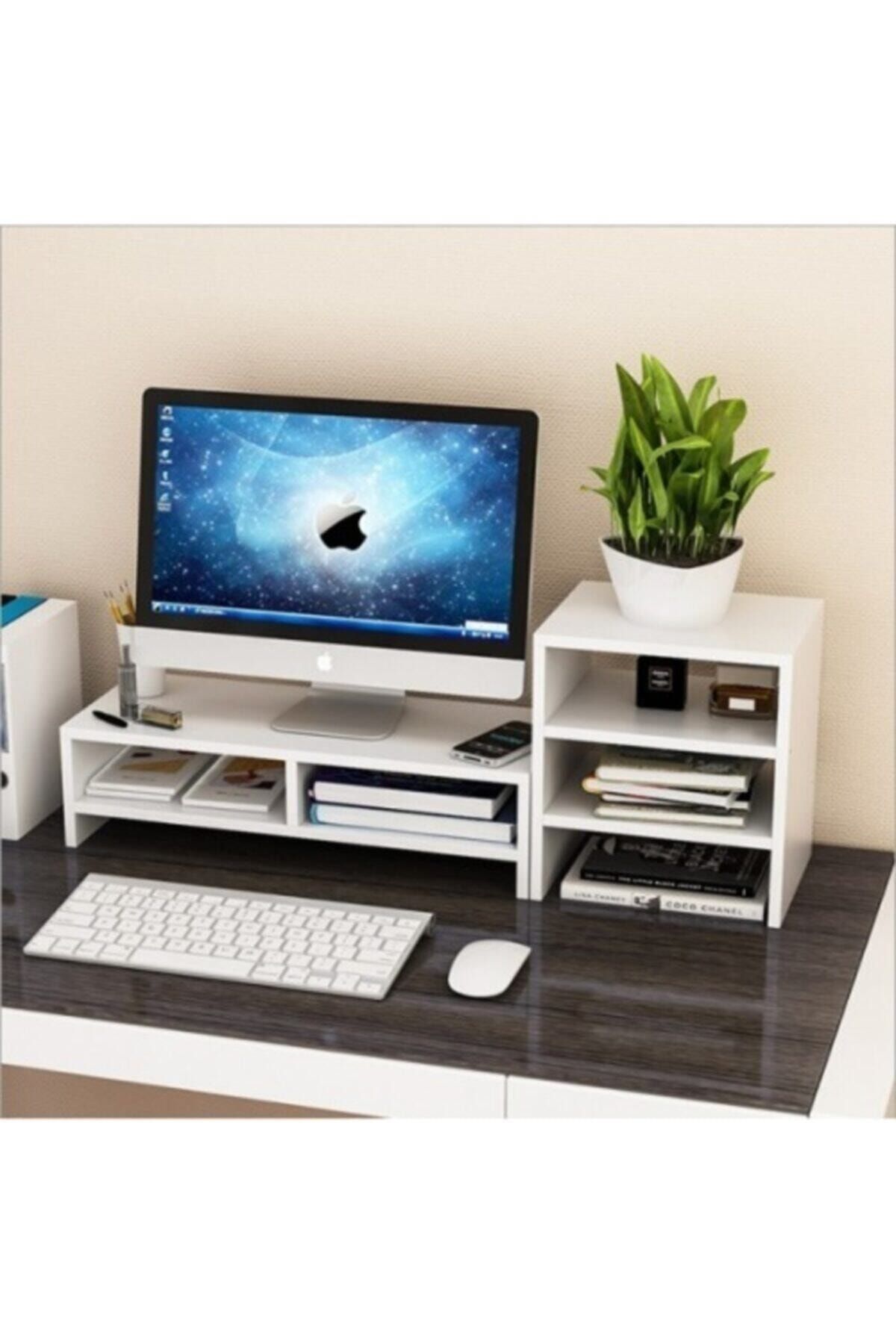 BEÇA HOME Beyaz Bilgisayar Monitörü Yükseltici ve 3 Katlı Masaüstü Raf
