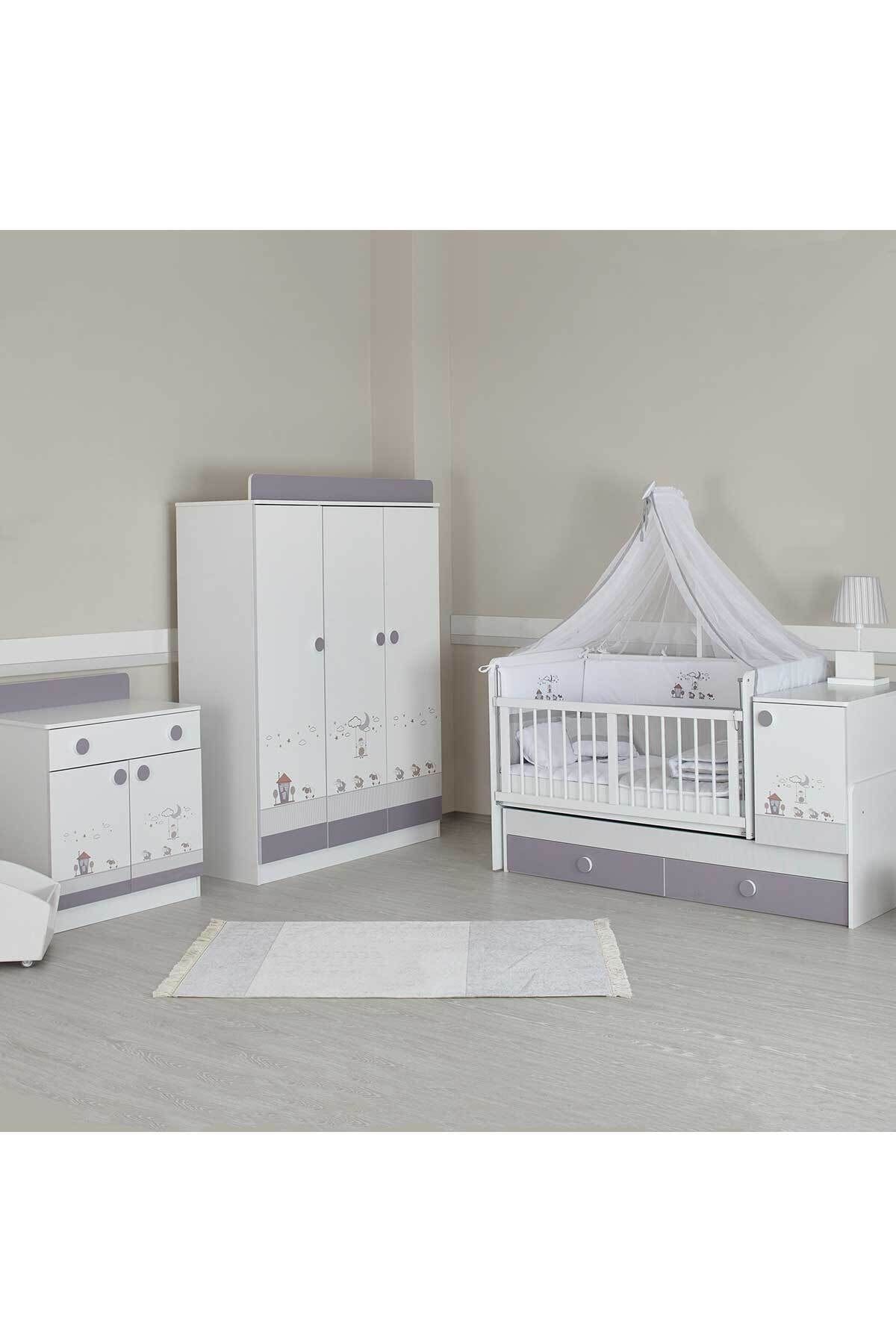 Babycom Beyaz Gri Neşeli Kuzular Bebek Odası Takımı 3 Kapılı Dolap